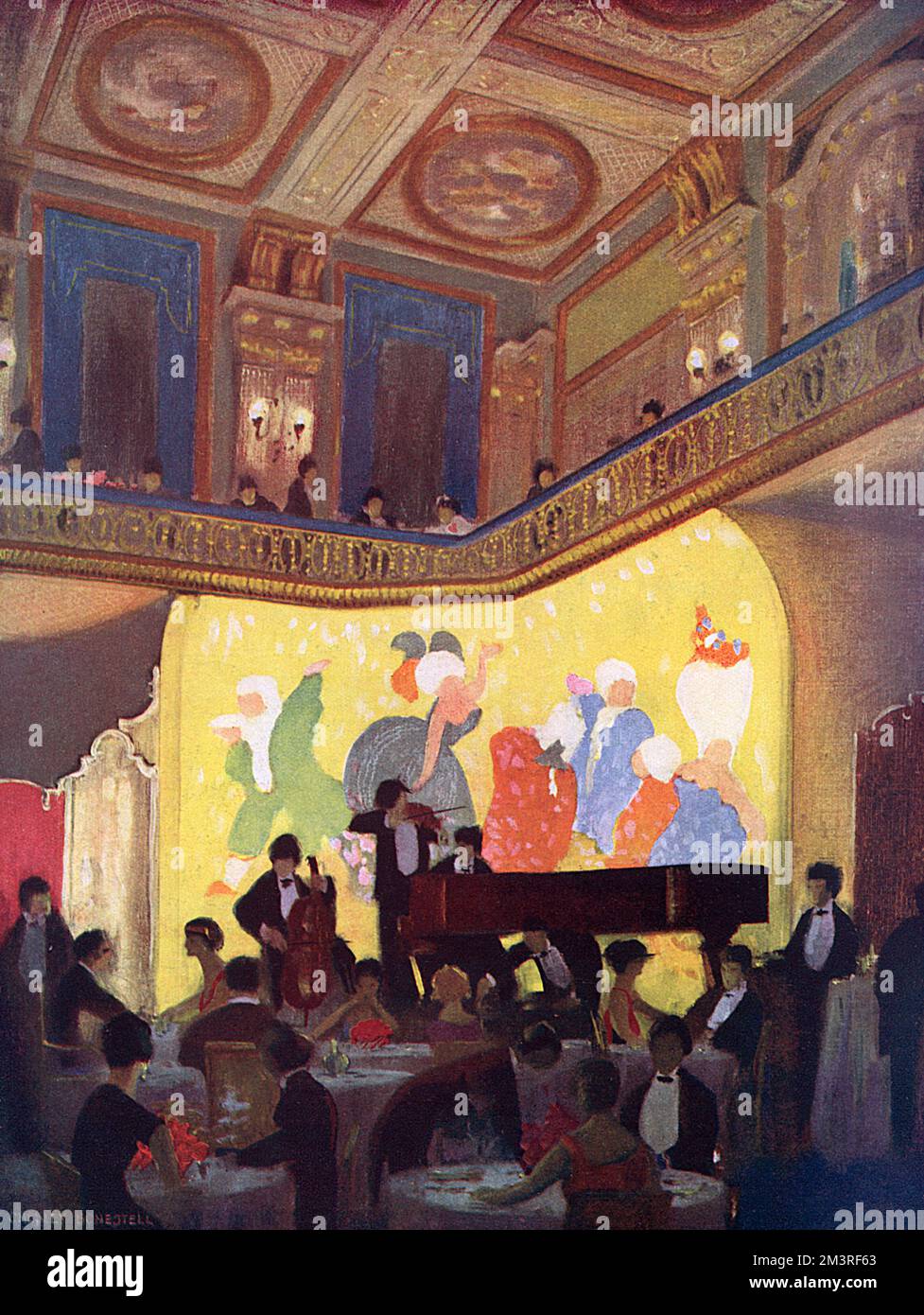 View of the interior of the Trocadero in London, with diners at tables and a band playing against a mural.       Date: 1925 Stock Photo