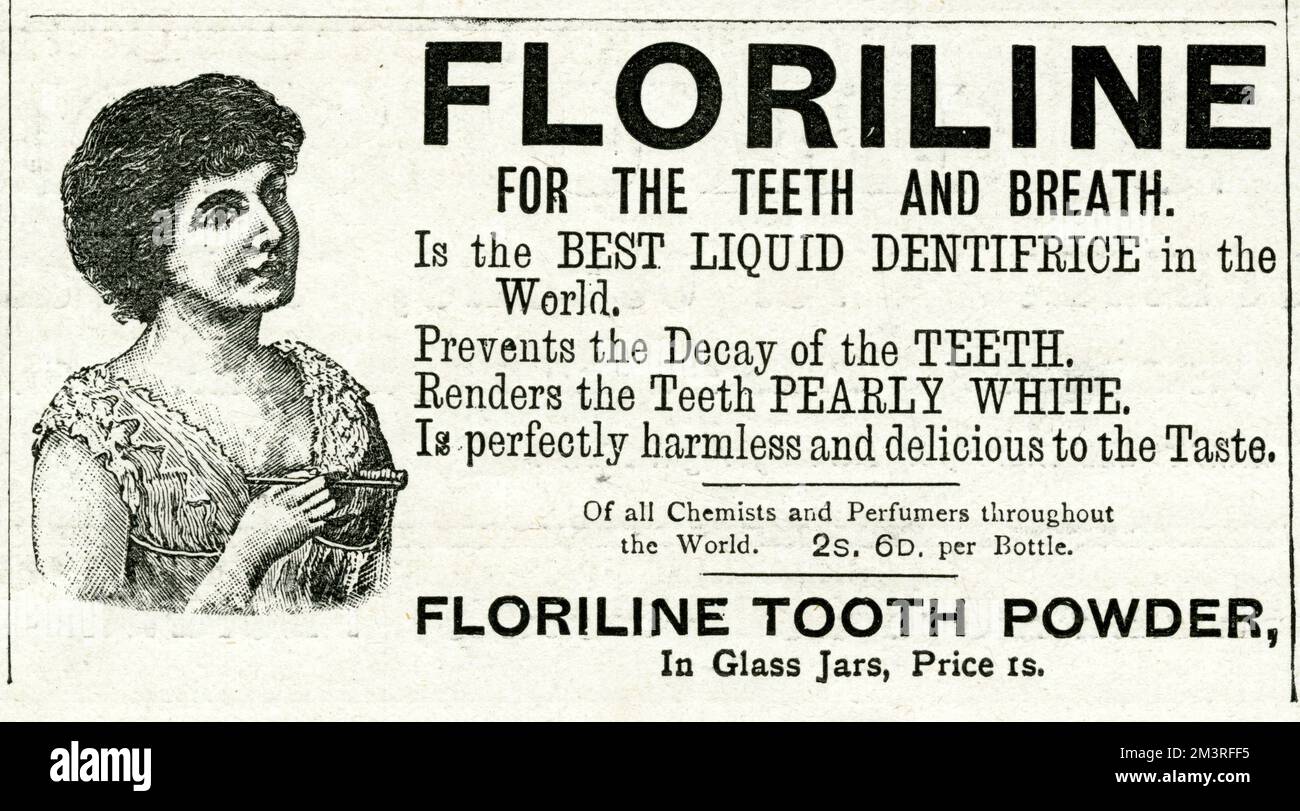 Is the best Liquid Dentifrice in the World. Prevents the decay of the teeth. Renders the teeth pearly white. Is perfectly harmless and delicious to the taste.     Date: 1897 Stock Photo