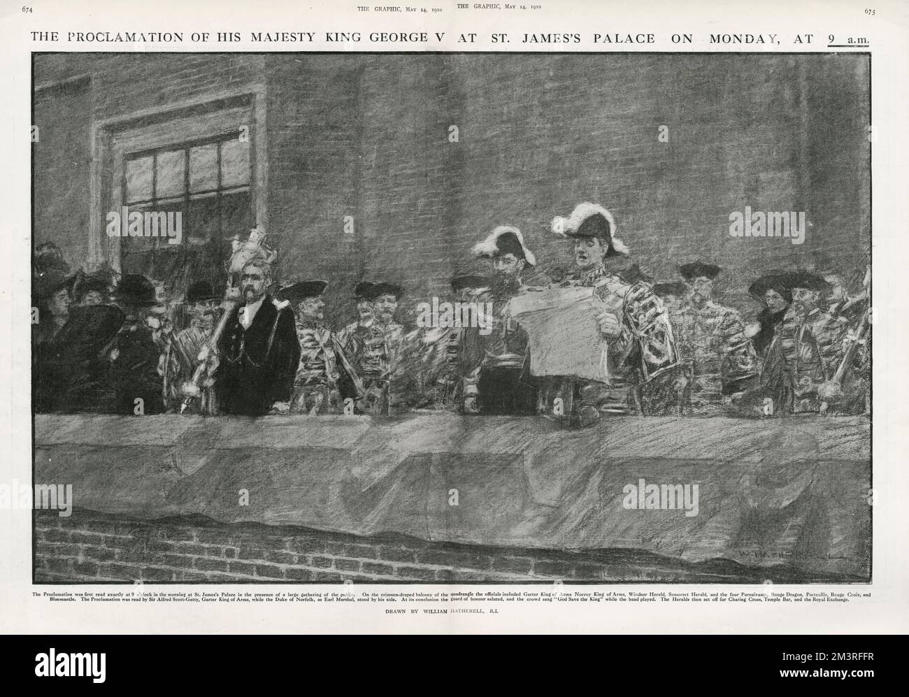 &quot;The High and Mighty Prince George Frederick Ernest Albert is now.... become our only lawful and rightful Liege Lord George V.&quot;: Proclaiming His Majesty from the balcony of St. James's Palace, London.     Date: 1910 Stock Photo