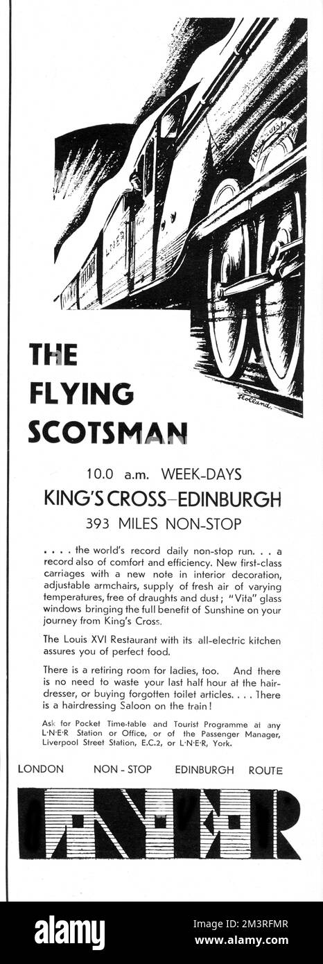Advertisment for the Flying Scotsman and its new comforts such as adjustable armchairs, supply of fresh air of varying temperatures, a restaurant with an all-electric kitchen and a hairdressing saloon.  1930 Stock Photo