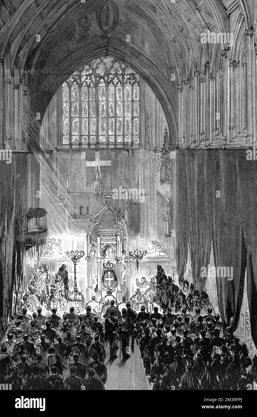 Illustration of the requiem mass for the late Archduke Rudolf of Austria, in the Church of the Immaculate Conception, Farm Street, London.  1889 Stock Photo