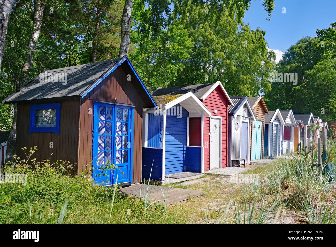 Small beach huts in bright colours, Baltic Sea, Ystad, Wallander, Skane laen, Skane, Sweden