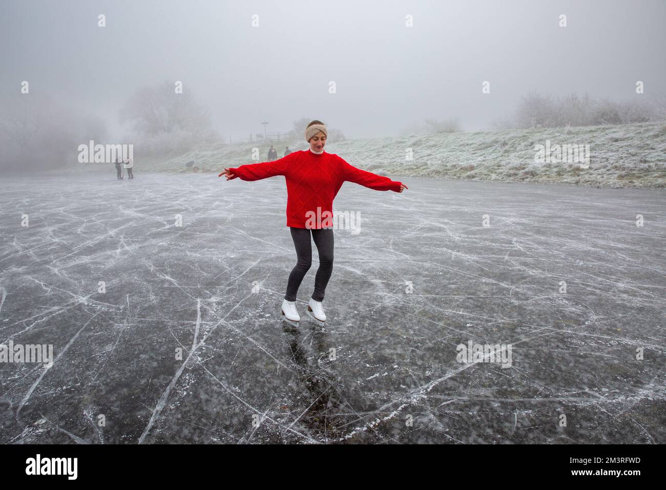 Picture dated December 11th shows  Hannah Straughan practising her skating on the frozen Cambridgeshire Fens near Ely on a foggy Sunday morning as the Stock Photo