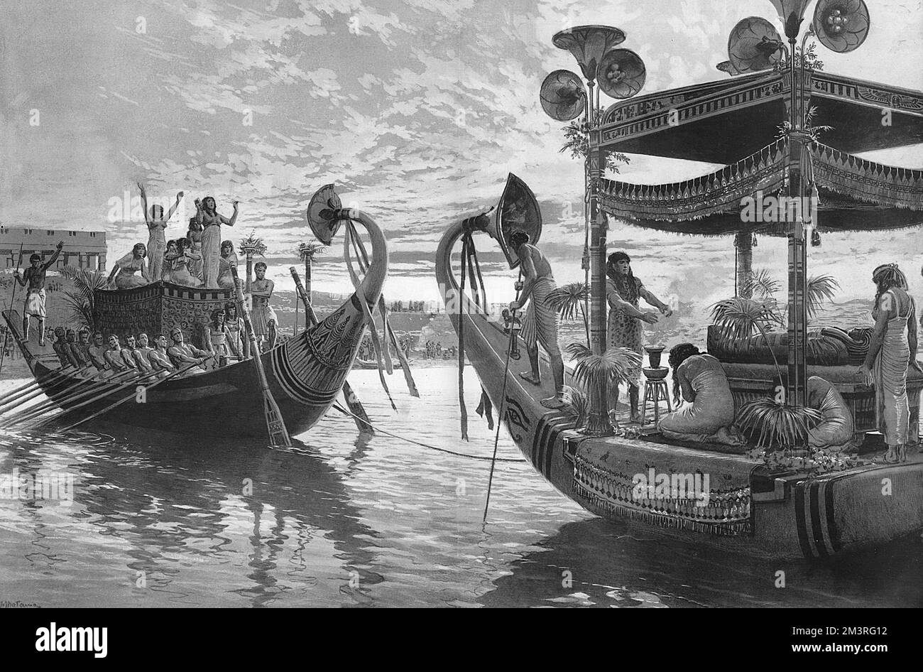 Episode II: From the Palace to the Tomb - The Journey Across the Nile.  Second in a series of historical reconstructions by Sphere special artist, Fortunino Matania in the magazine's Egypt number (inspired by the recent discovery of the tomb of Tutankhamen) showing the progress of a deceased Pharaoh to the tomb.  Scene depicts the mummy crossing the River Nile, representing the final detachment from earth to the spirit world.  The first boat is reserved for the professional mourners and certain members of the family.  The outside of the cabin is covered with embroidered drapery; the passengers Stock Photo