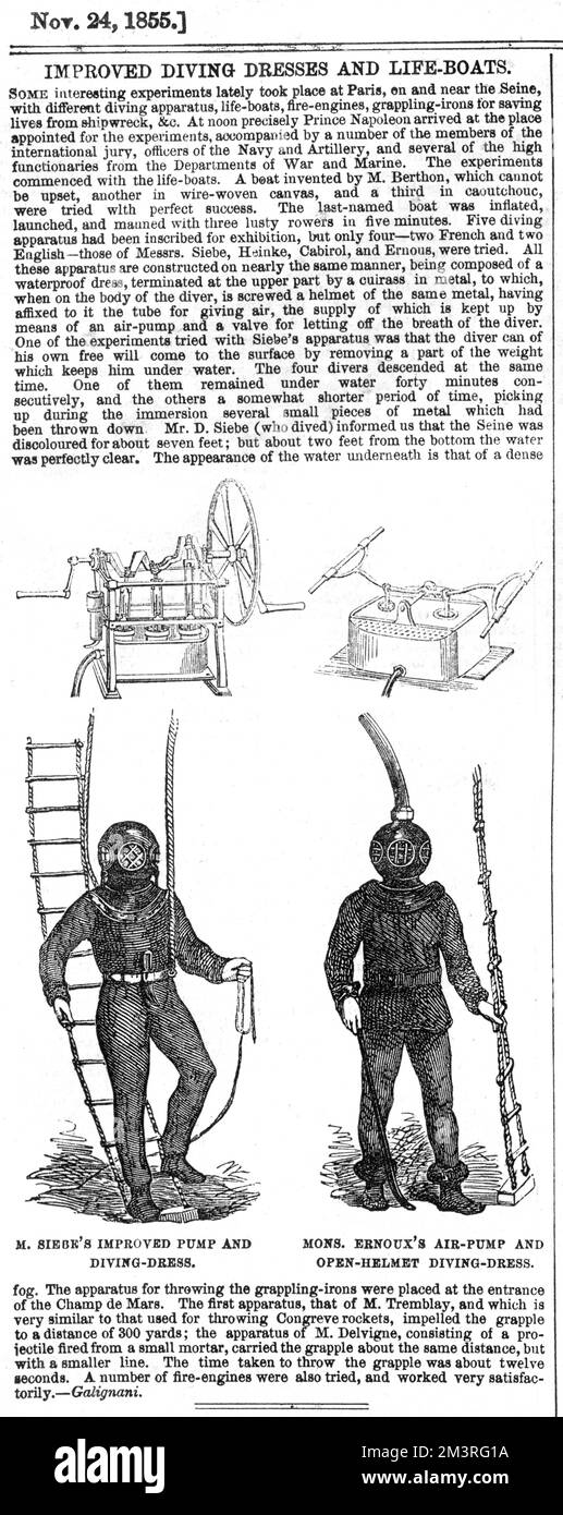 Testing of various diving equipment in the Seine, Paris, 1855. The technologies included different diving apparatus such as those invented by Siebe, Heinke and Cabirol, as well as life-boats and fire-engines.        ernous     Date: 1855 Stock Photo