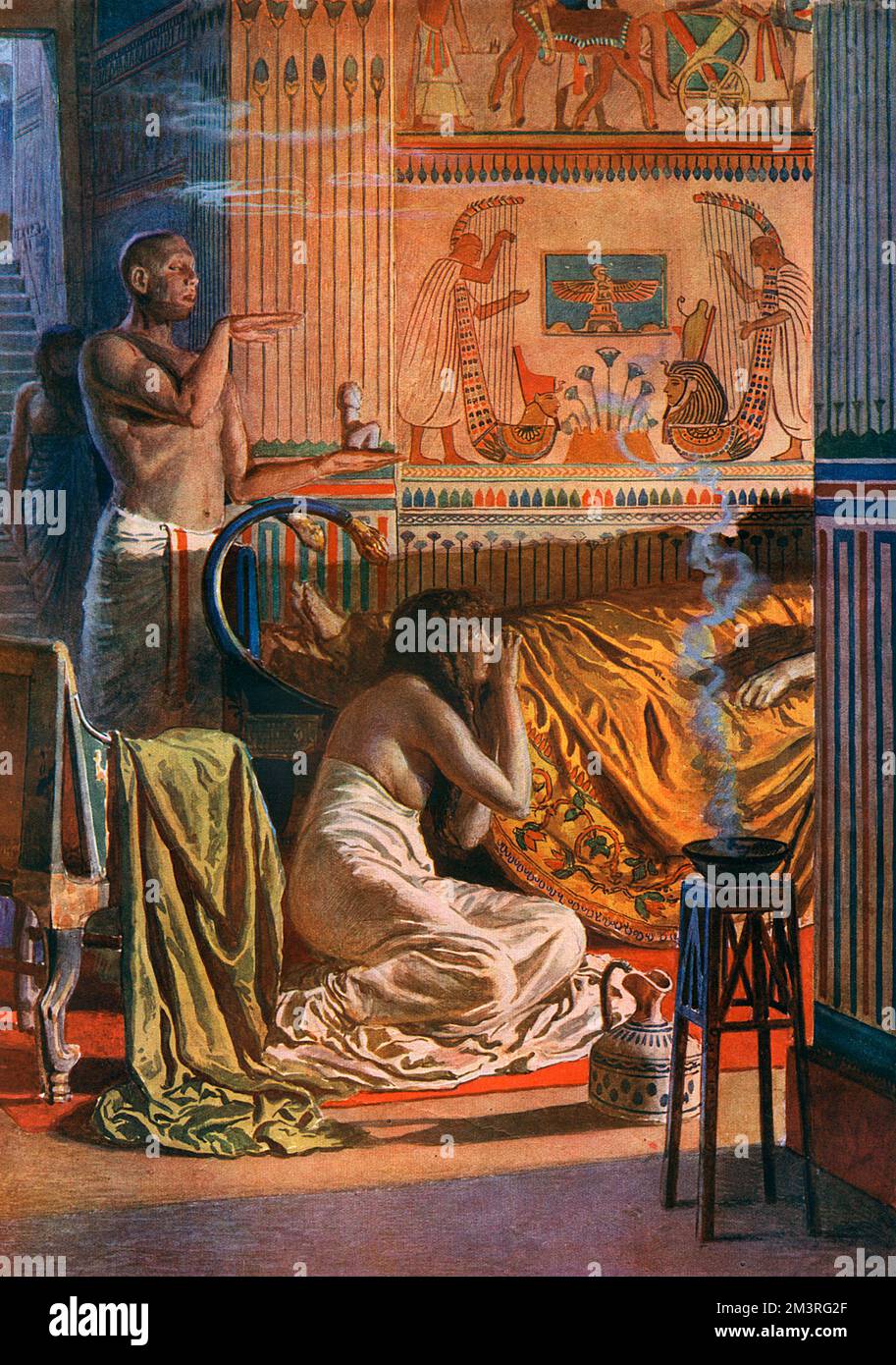 From Palace to Tomb, Episode 1: Pharaoh falls ill, the exorcist is called in.  First in a series of historical reconstructions by Fortunino Matania in The Sphere magazine's Egypt number (following the discovery of Tutankhamen's tomb), tracing the journey of a Pharaoh from palace to tomb. Depicted here is the visit of an exorcist summoned by the wife of a gravely ill pharaoh.  He brings some little figures possessing sufficient power to drive away the evil spirit which is possessing the body of the sick ruler  He utters a powerful incantation and promises improvement in the patient's condition. Stock Photo