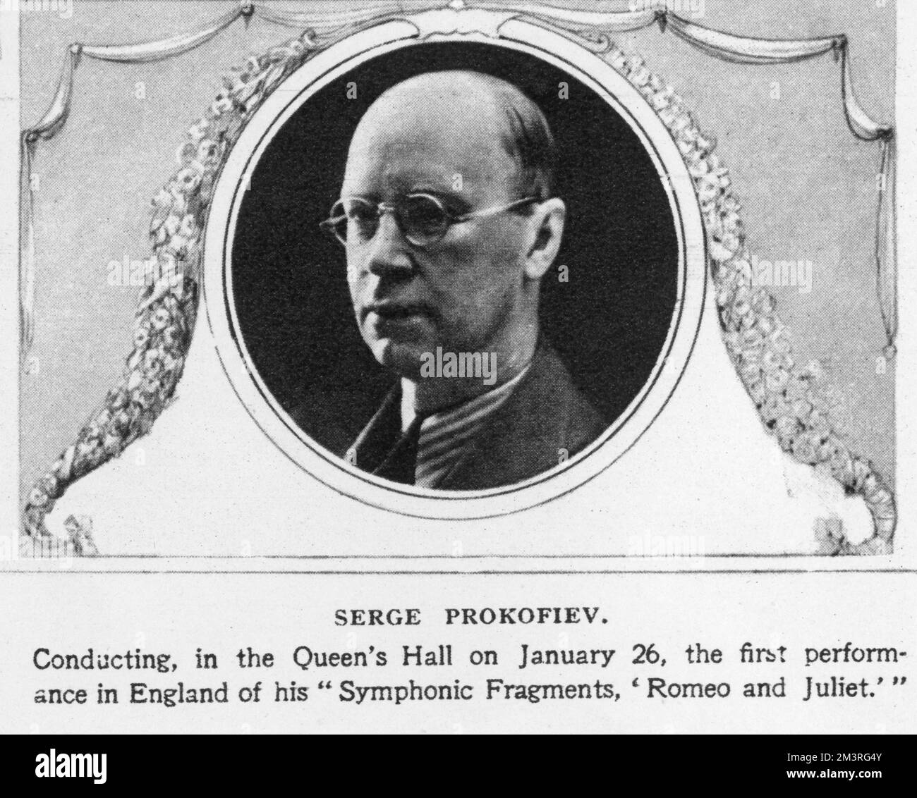 Portrait of Sergei Prokofiev (1891 - 1953), Ukrainian born pianist, conductor, and composer, on occasion of the first performance in England of Romeo and Juliet, in  The Illustrated London News, 15th January 1938.  1938 Stock Photo