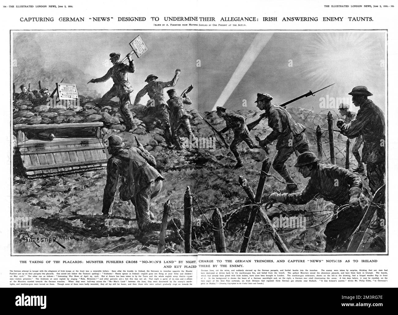 Capturing German news designed to undermine their allegiance: Irish answering enemy taunts in 1916. The taking of the placards: Munster fusiliers cross no-man's land by night, charge to the German trenches, and capture news notices as to Ireland and Kut el Amara placed there by the enemy.  1916 Stock Photo
