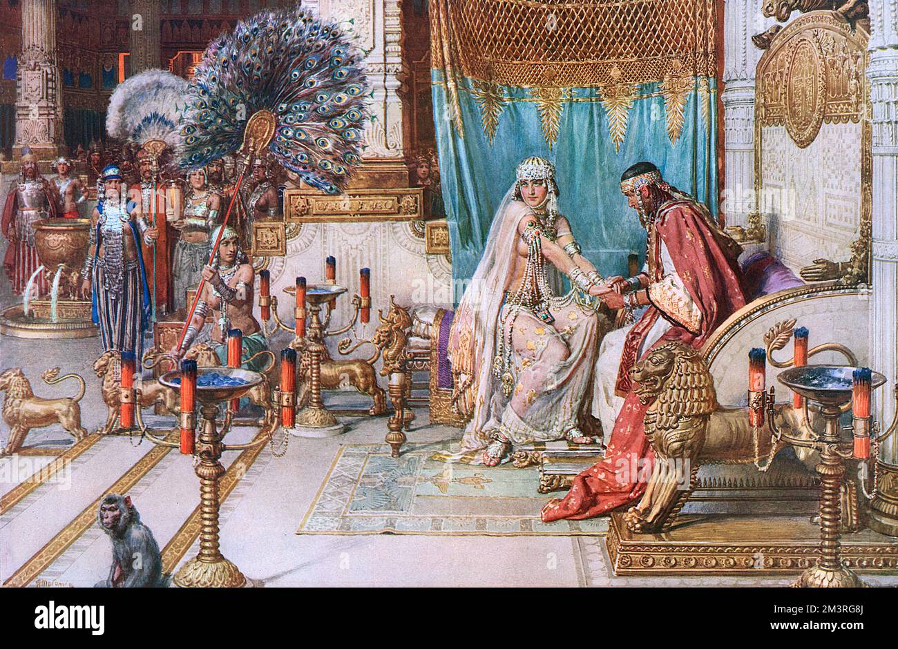 The Queen of Sheba, swathed in diaphanous draperies, and decked in opulent magnificence of multi-radiant gems, seeks the court of Solomon the Wise.  Third in a series of four historical reconstructions by Fortunino Matania in The Sphere of famous queens from history.     Date: 1927 Stock Photo