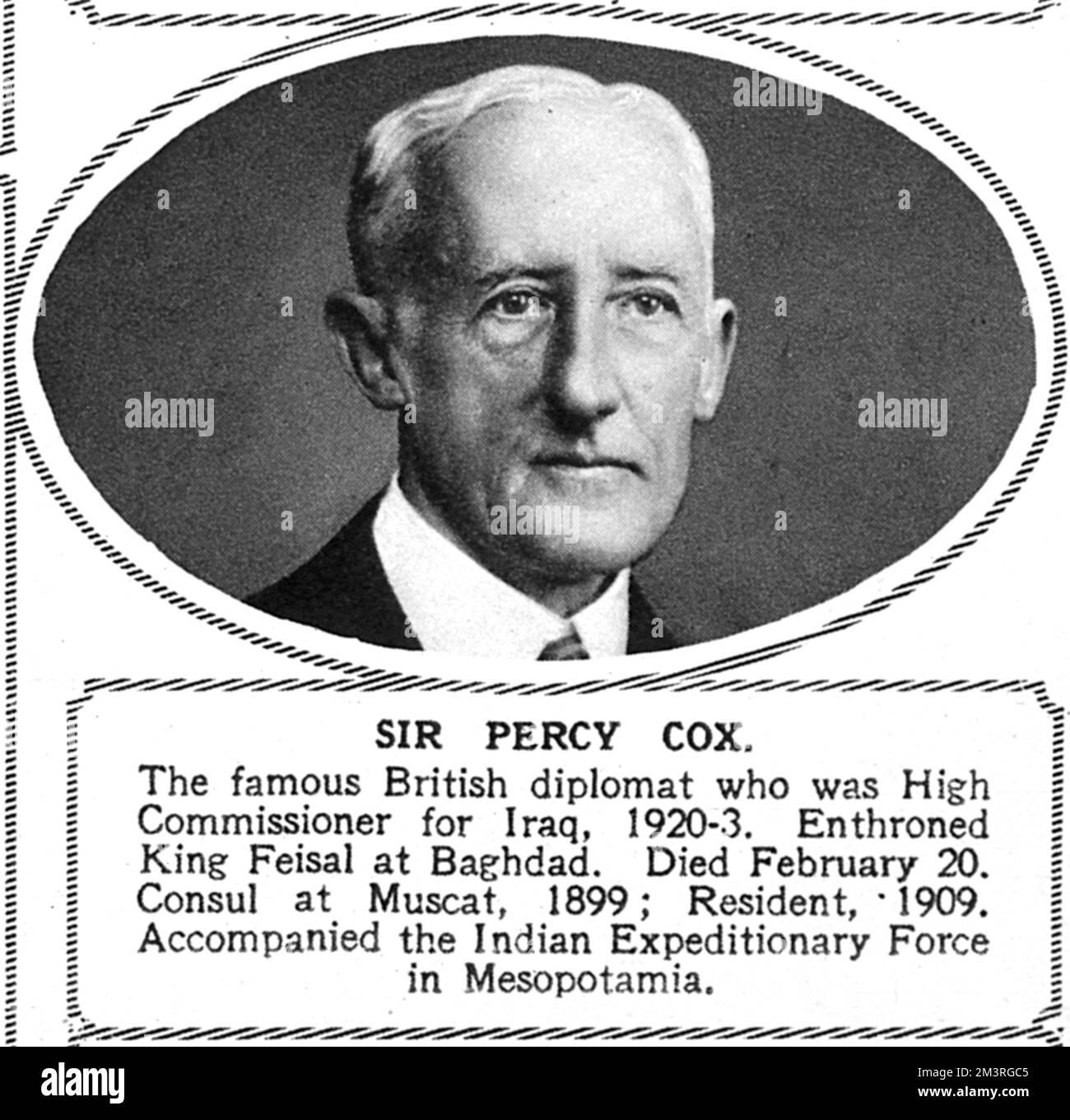 Portrait of Major-General Sir Percy Zachariah Cox (1864  - 1937), British Indian Army officer and Colonial Office administrator in the Middle East.  1937 Stock Photo