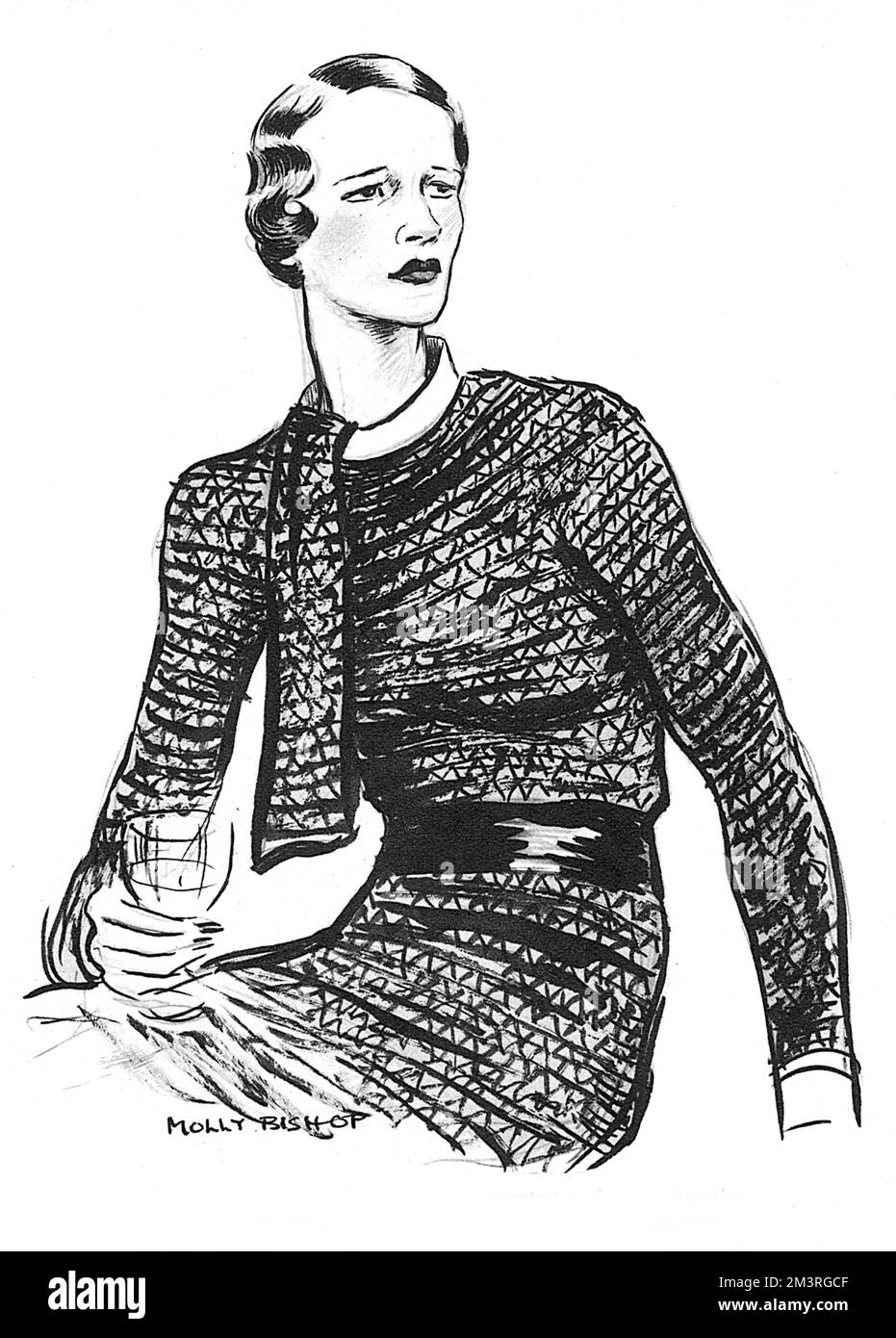 Sallie Monkland, an American member of high society in London, pictured in the dress she wore for a cocktail party at her Carlos Place house.  The Bystander magazine describes it as, 'an amusing Schiaparelli dress of a shiny black material, with a starched white 'clerical' collar'.      Date: 1934 Stock Photo