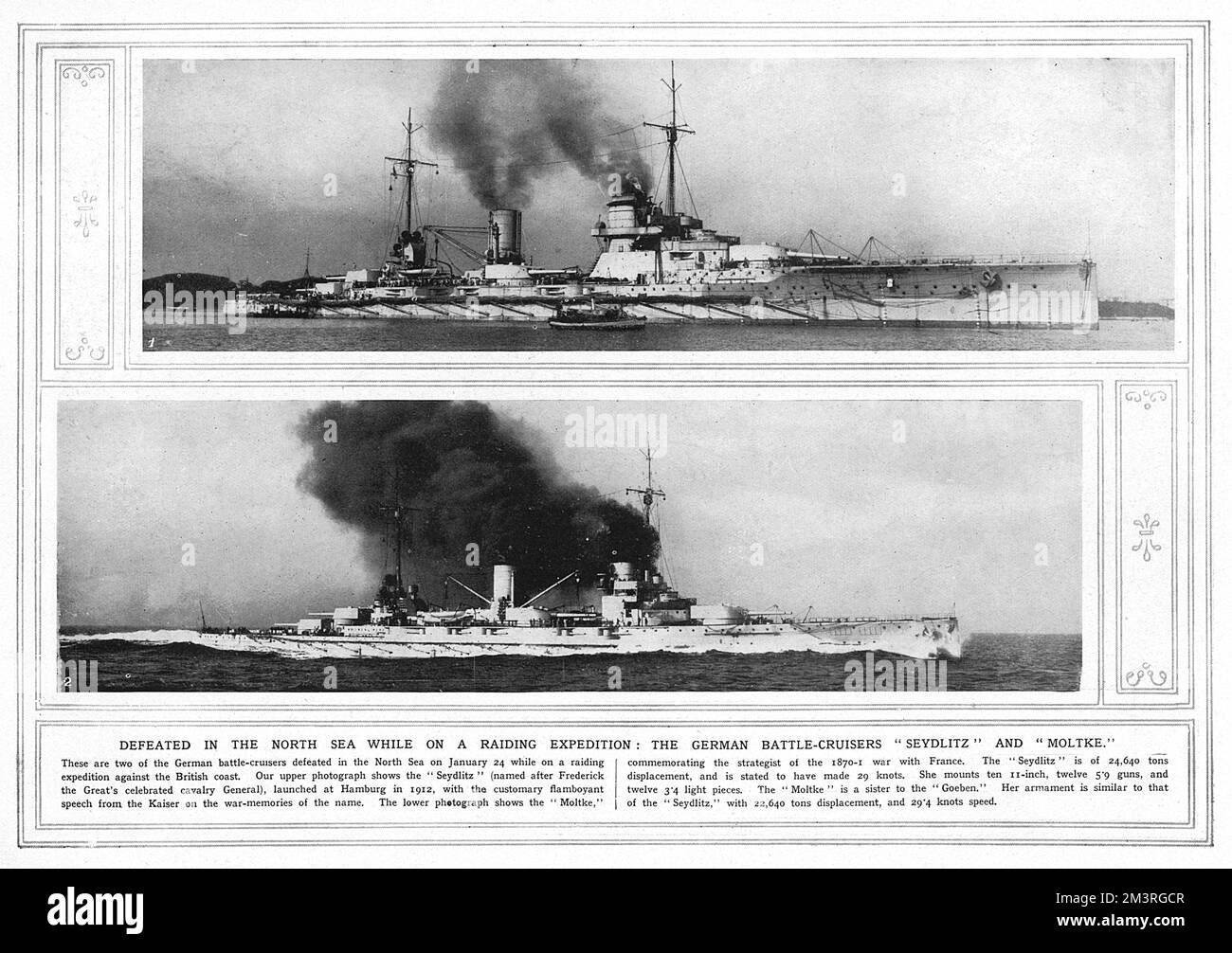 German battlecruisers Seydlitz (top) and Moltke (bottom), two of those defeated in the North Sea on 24th January 1915 while on a raiding expedition against the British coast.     Date: 1915 Stock Photo