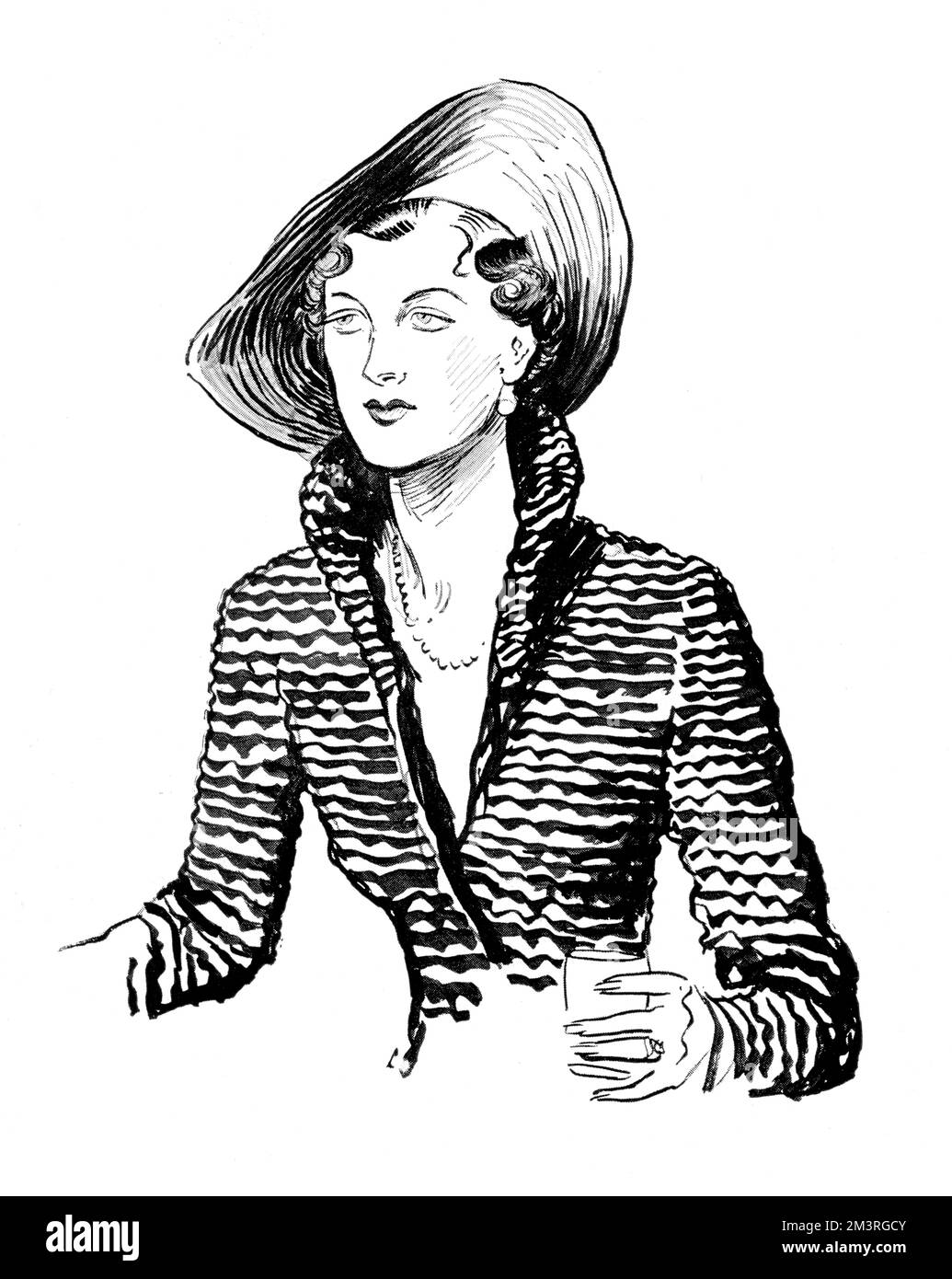 Mrs James Beck, socialite and daughter of one of the famous Wyndham sisters painted by Sargent, pictured in a black suit 'made of amusing quilted material by Schiaparelli and wearing a hat of black' at a cocktail party.        Date: 1934 Stock Photo