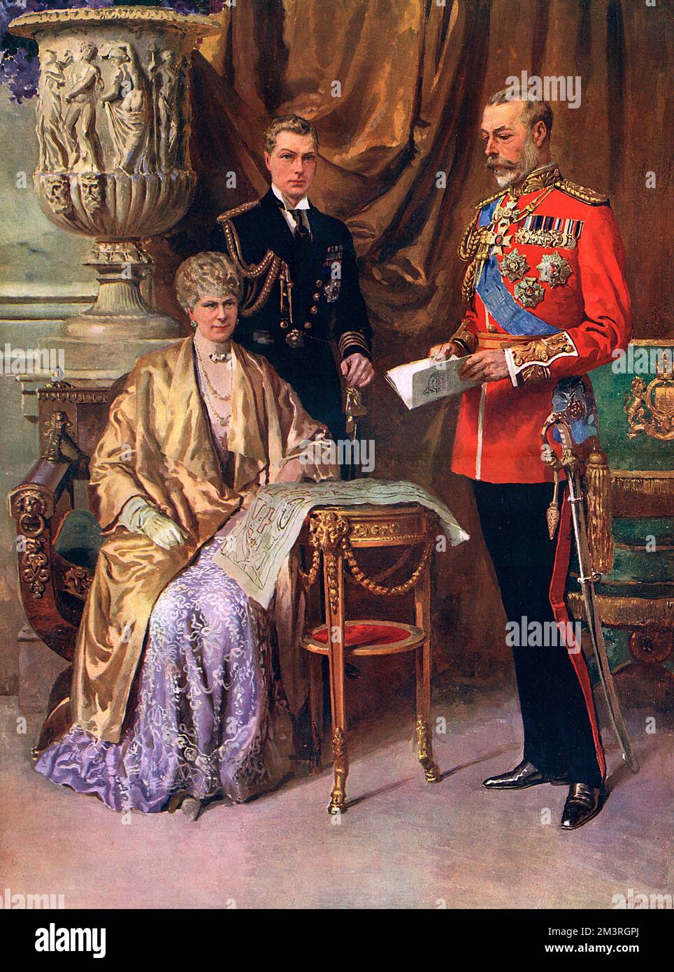 'The three royal makers of Wembley - The King, the Queen and the Prince of Wales (President of the British Empire Exhibition).  A special group by Fortunino Matania.     Date: 1924 Stock Photo