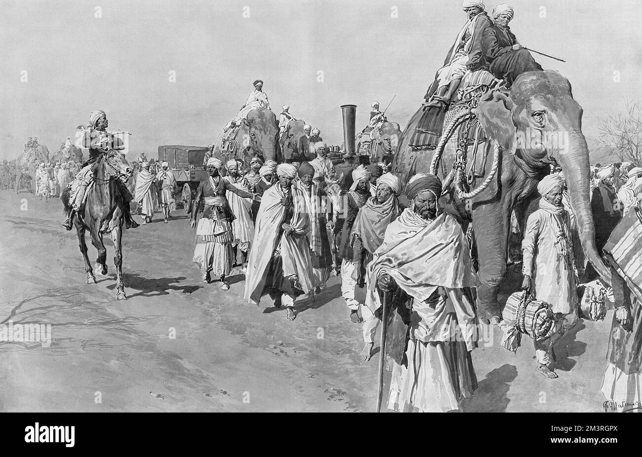 The most remarkable caravan that ever entered Afghanistan - a steam roller and motors for the Ameer.  Ten elephants sent to Chaman to convey a steam roller, a motor car, a stone-crushing machine and a motor boat to Cabul (Kabul).  All intended to improve road systems in Afghanistan and for the Amir to be able to travel to the outer reaches of his dominions in days rather than weeks.     Date: 1909 Stock Photo
