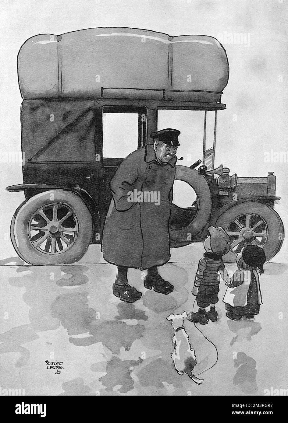 The Chauffeur of a coal-gas-driven car (to a gathering crowd): Wot are you 'anging' around 'cre for?  The Crowd: Please, Mister, we'se waiting for the balloon to go up.  A  humorous comment on the use of coal gas powered vehicles during the First World War, introduced as petrol became increasingly scarce.  The 'gas bag' cars carried their fuel in an enormous rubber bag on the roof and were the subject of many jokes and cartoons such as this one by Alfred Leete, an artist best known for his famous Kitchener 'Your King and Country Needs You' cover for London Opinion magazine.     Date: 1917 Stock Photo