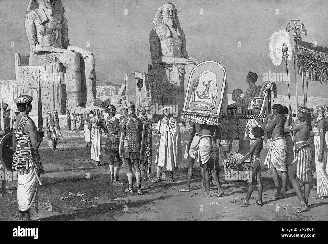 A Roman visitor to the Egyptian tombs - one of the earliest of a long line of Egyptian tourists before the colossal statues of Memnon in the early years of the Christian era.  Julia Sabina, wife of the Emperor Hadrian, paying a visit to Thebes, borne in an Egyptian palanquin carried by four men.  At her side is an attendant who job was to bear a parasol made of thin leather stretched on a light frame and richly painted.  The duty of this attendant was to change his position according to the direction of the sun in order to keep a constant shadow on the person sitting in the palanquin.  The Emp Stock Photo