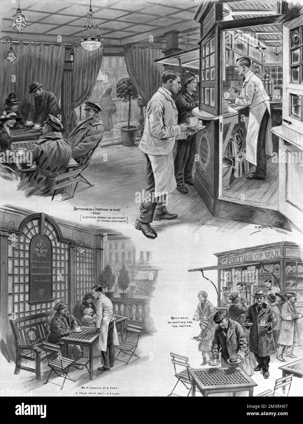 Page of illustrations by Samuel Begg in The Illustrated London News, depicting scenes at a Fortune of War caf&#x9829;n London.  The idea for the cafes was thought up by Lieut. J E. Latham (an invalided officers of the South Staffordshire Territorials) and they were intended to provide 'congenial and well-paid employment to disabled men.'  The first began in Kilburn and was followed by cafes in Hackney, Aldgate and Edgware Road.  The scheme was run on sound business principles and there was no sense of charity.  Each caf&#x9823;ost about 400 to set up.  The men employed received 2 a week with f Stock Photo
