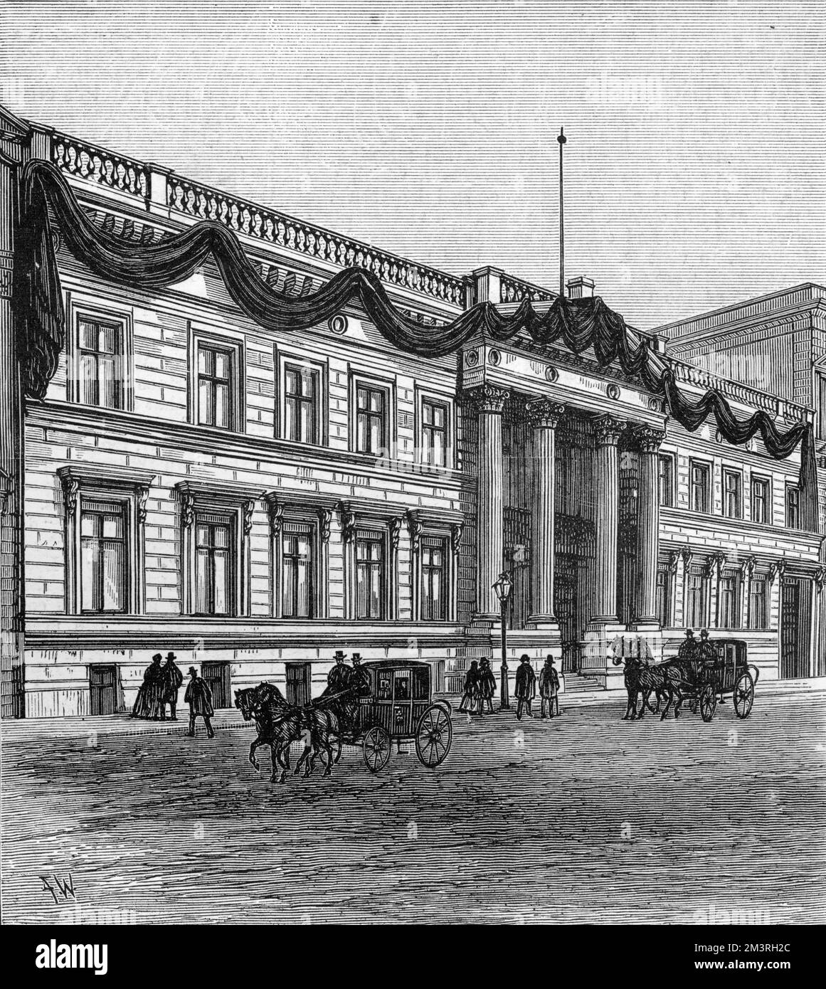 The British Embassy in Berlin, drawn during of a visit to the city in occasion of the death of King William I.  1888 Stock Photo