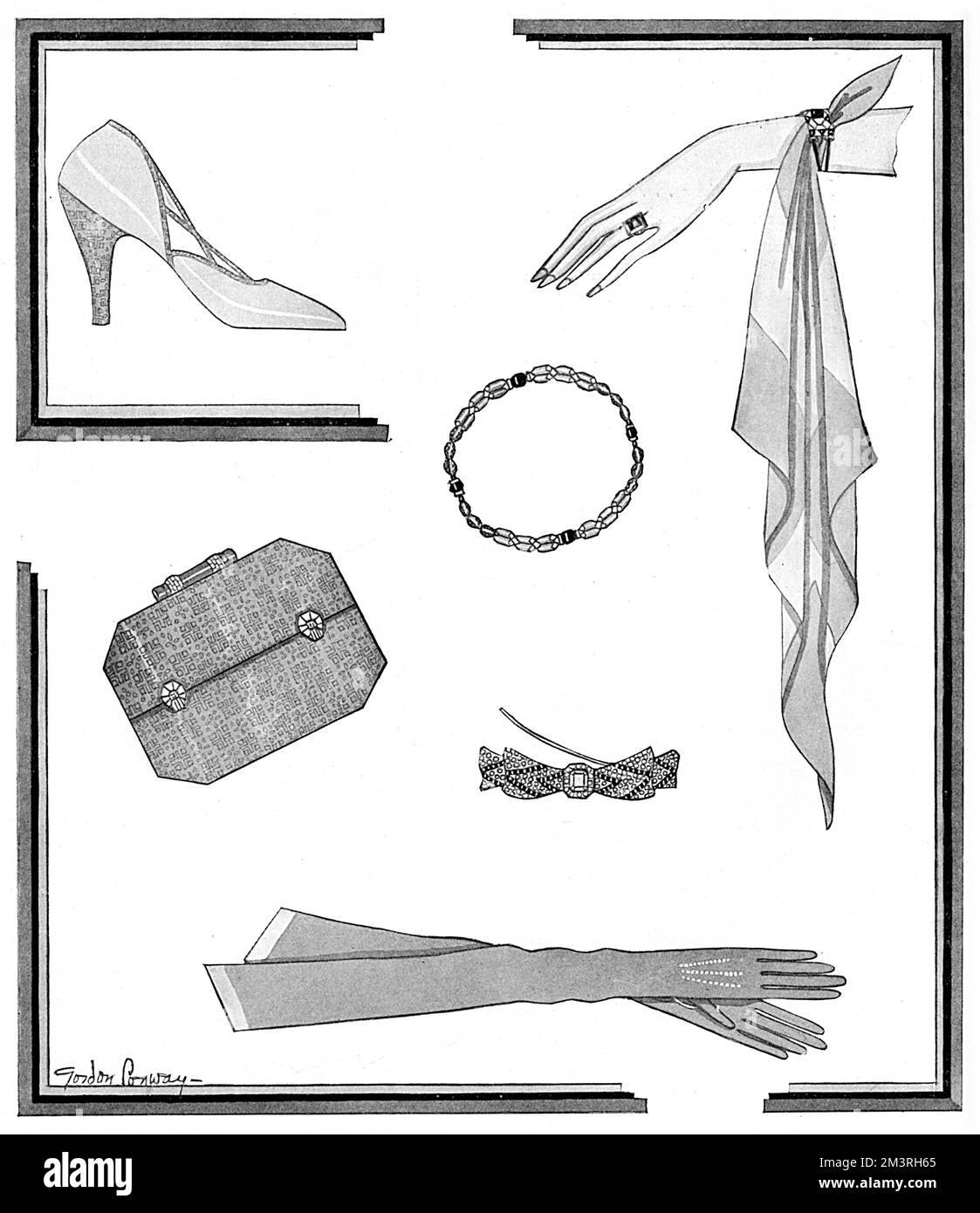 Original accessories designed by the American costume designer, Gordon Conway. The shoe is trimmed with satin and has brocade to match the bag; the clasps of the bag are of diamonds and platinum, with a lipstick case at the top. The necklace is of cut crystal and onyx, as is the barette. The gloves are of velvet and soft suede and the wrist handkerchief is of two shades of chiffon.     Date: 1930 Stock Photo