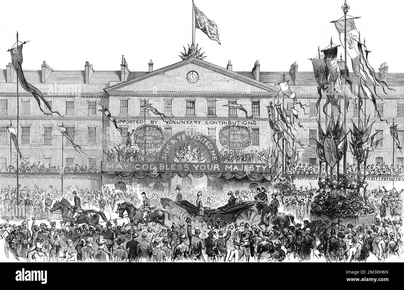 Crowds cheering Queen Victoria as she drives in a carriage through Whitechapel during one of her Golden Jubilee progresses.  The royal party passes in front of the London Hospital which is bedecked with flags and slogans including 'Sick and Ye Visited Me' as well as, 'God Bless Your Majesty.'     Date: 1887 Stock Photo