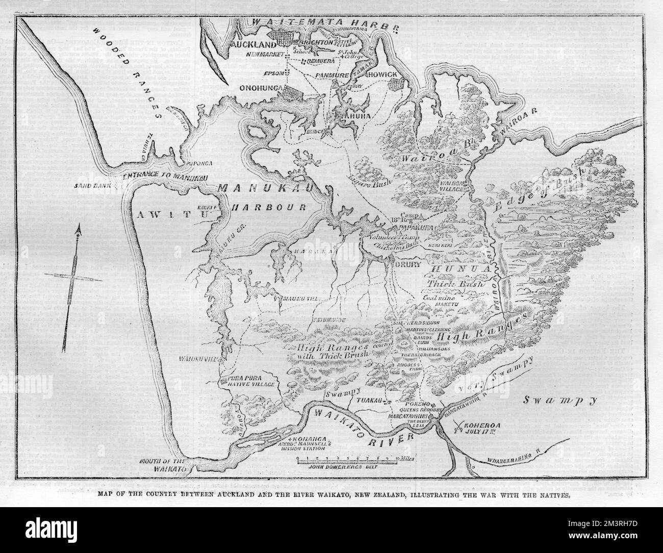 Map of the country between Auckland and the River Waikato, New Zealand, illustrating the war with the native Maori tribes.     Date: 1863 Stock Photo