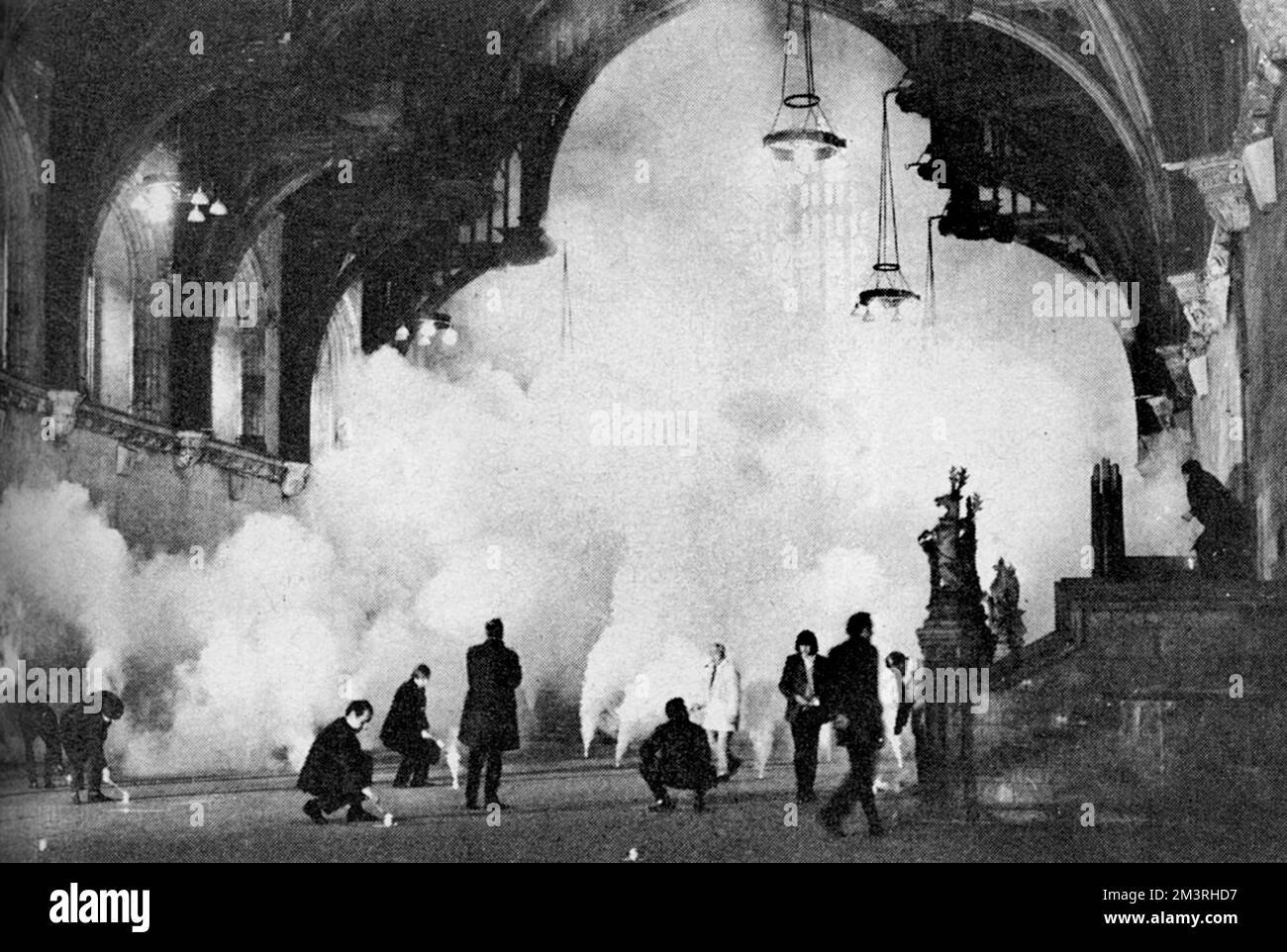 Canisters of pesticide in smoke form being used by the Department of the Environment in 1971 to fumigate Westminster Hall in London, to try to eradicate death watch beetle which has ravaged the roof timbers over the years.     Date: 1971 Stock Photo