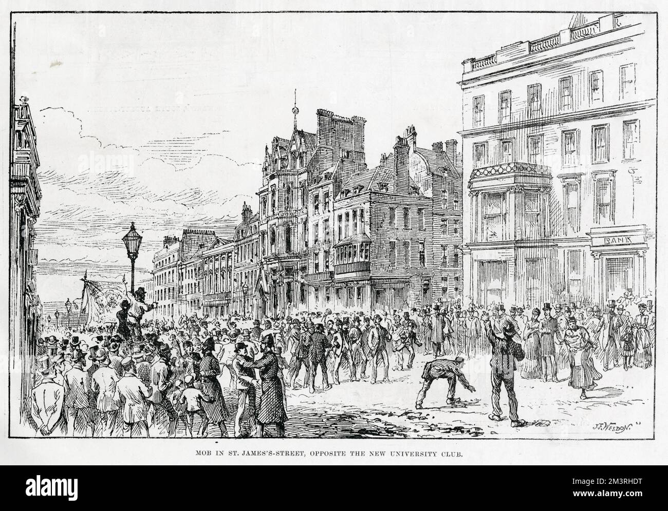 A mob in St James' Street, opposite the new university club. Following at an open air meeting of unemployed East End dock workers and artisans in Trafalgar Square, the people were stirred to violence following incendiary speeches, and rioted, causing havoc in the fashionable streets of the West End. Stock Photo