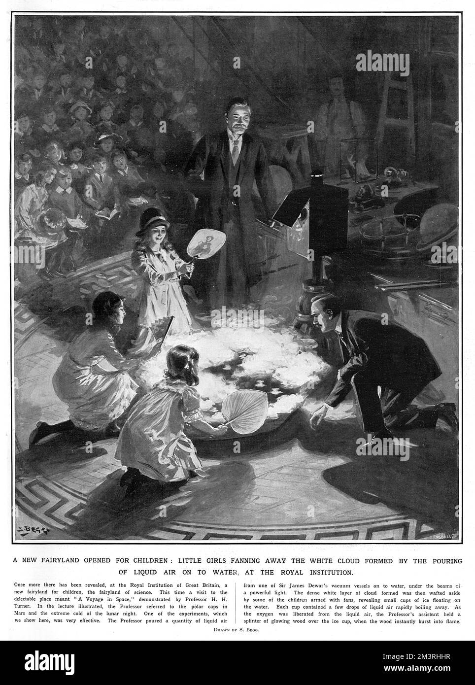 Royal Institution Christmas Lecture. A new fairyland opened for children: little girls fanning away the white cloud formed by the pouring of liquid air on to water, at the Royal Institution, demonstrated by Professor Herbert Hall Turner.     Date: 1914 Stock Photo