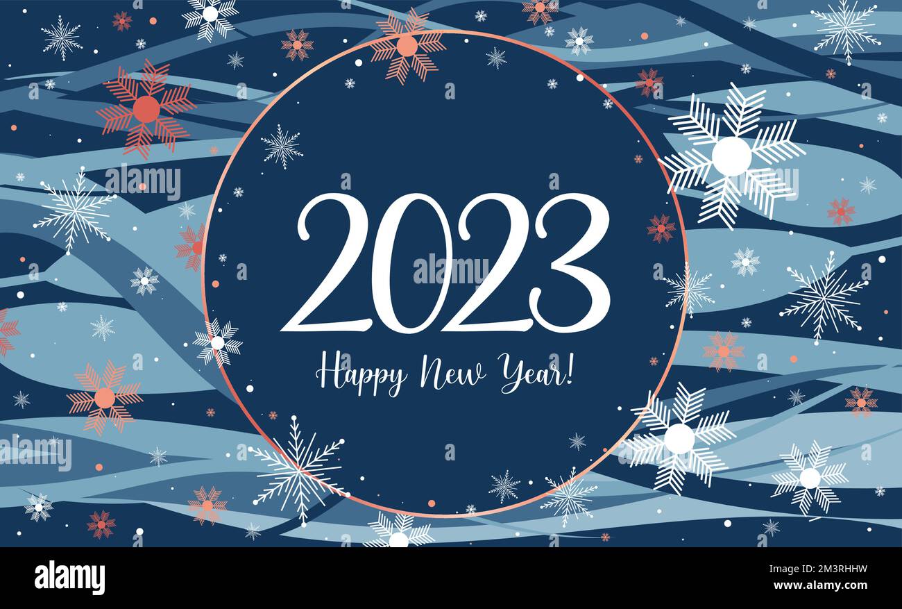 Happy new year 2023 background. Snow flakes confetti on blue background. Holiday greeting card design. Vector illustration. Stock Vector