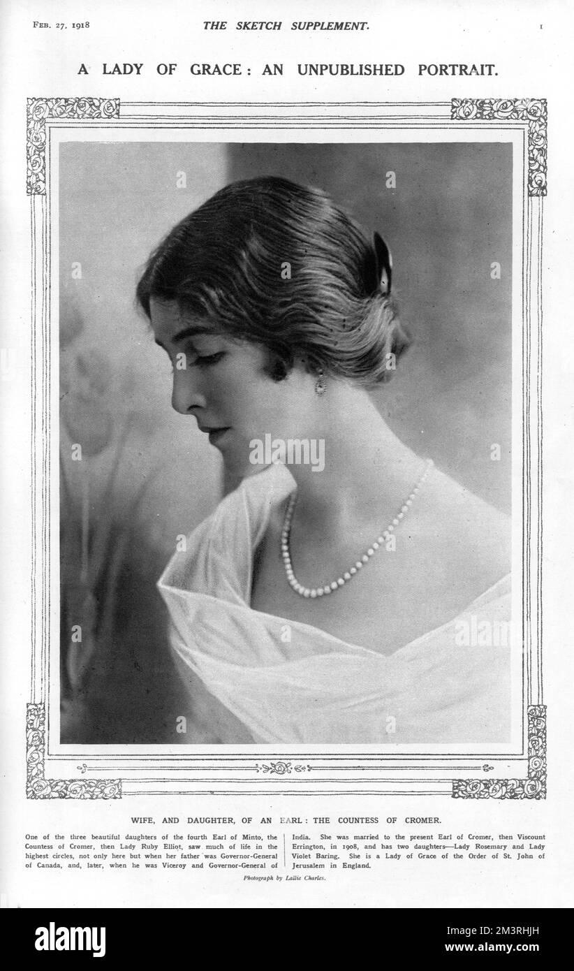 Lady Cromer, formerly Lady Ruby Elliott, daughter of the fourth Earl of Minto.  She married the Earl of Cromer (when he was Viscount Errington) in 1908 and had two daughters, Lady Rosemary and Lady Violet Baring.  She was a Lady of Grace of the Order of St. John of Jerusalem in England.       Date: 1918 Stock Photo