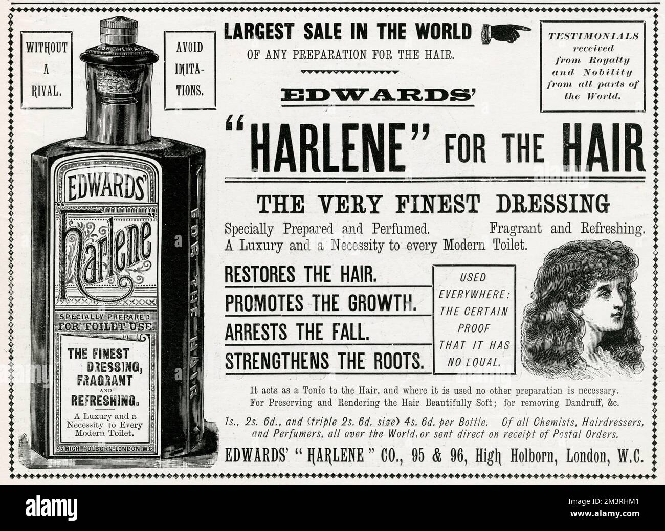 Luxury 'Harlene' hair tonic, restores the hair promotes the growth, arrests the fall, strengthens the roots.  1896 Stock Photo