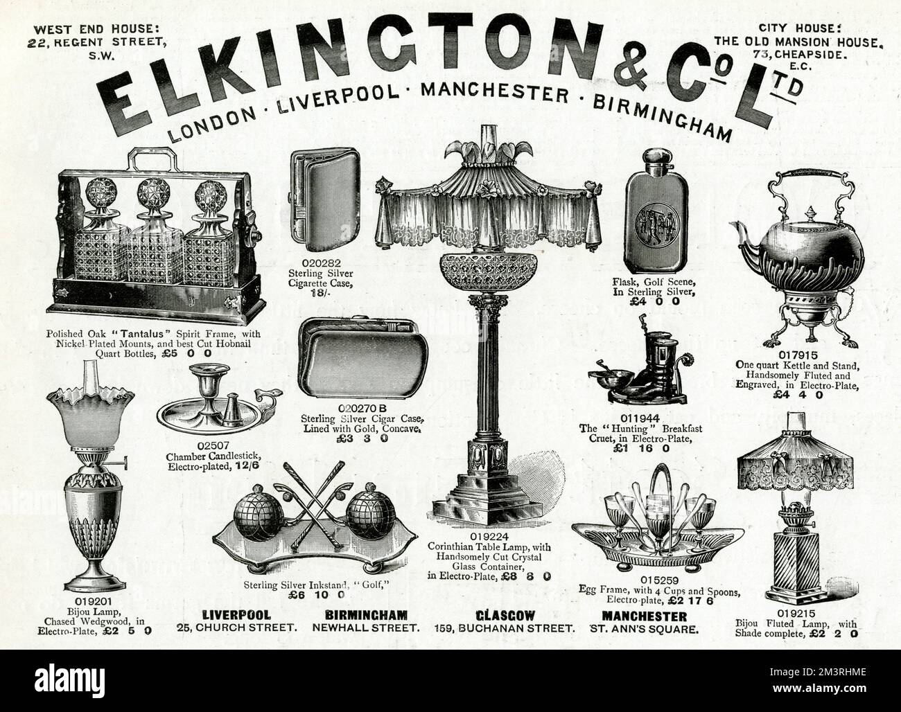 Advert for Elkington &amp; Co, with Victorian household items including polished oak Tantalus with nickel plated mounts, and best cut Hobnail Quart bottles, corinthian table lamp, with cut crystal glass container, egg frame, with 4 cups and spoons.  1896 Stock Photo