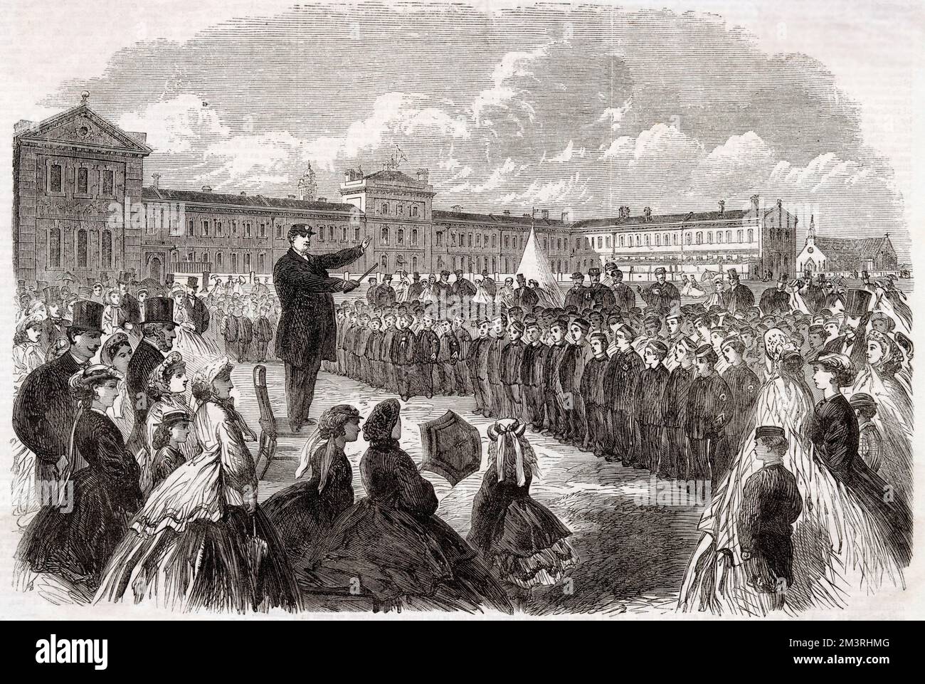 Annual inspection of the Middlesex Industrial School, established at Feltham to make provision for the care, reformation, and education of juvenile offenders. Any boy of age between 7 and 14 who is convicted of any criminal offence may be committed to this school for a period of not less than one year and not more than three. The number of inmates averages about 560 boys. 1865 Stock Photo