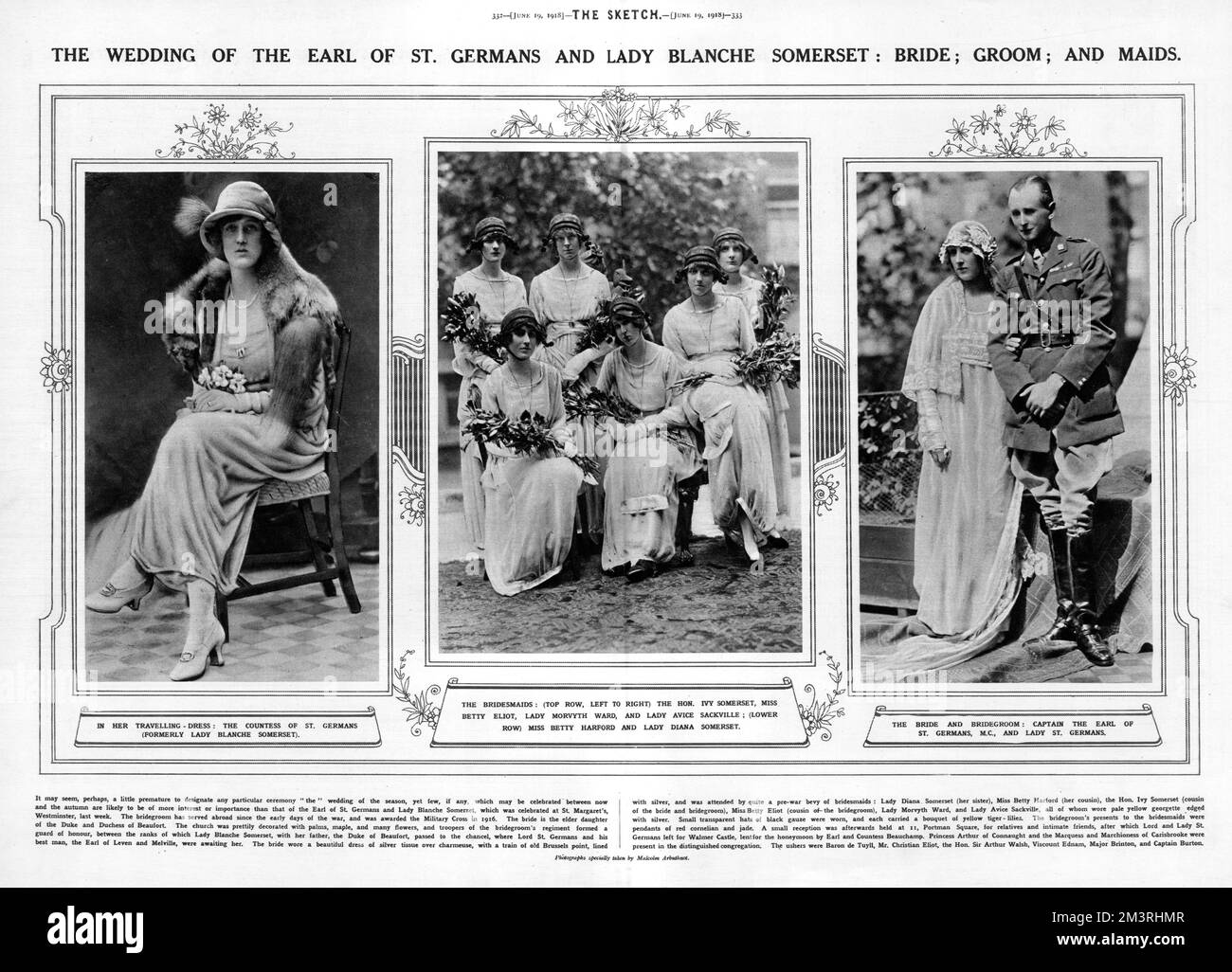 Spread from The Sketch magazine reporting on the marriage of Lady Blanche Somerset, daughter of the Duke of Beaufort and the Earl of St. Germans at St. Margaret's, Westminster in June 1918.  Left picture shows Lady Blanche in her travelling dress (going-away outfit).  Middle picture shows the bridesmaids.  Top row, left to right, the Hon. Ivy Somerset, Miss Betty Eliot, Lady Morvyth and Lady Avice Sackville (lower row) Miss Betty Harford and Lady Diana Somerset.  Right picture shows the newly married couple.       Date: 1918 Stock Photo