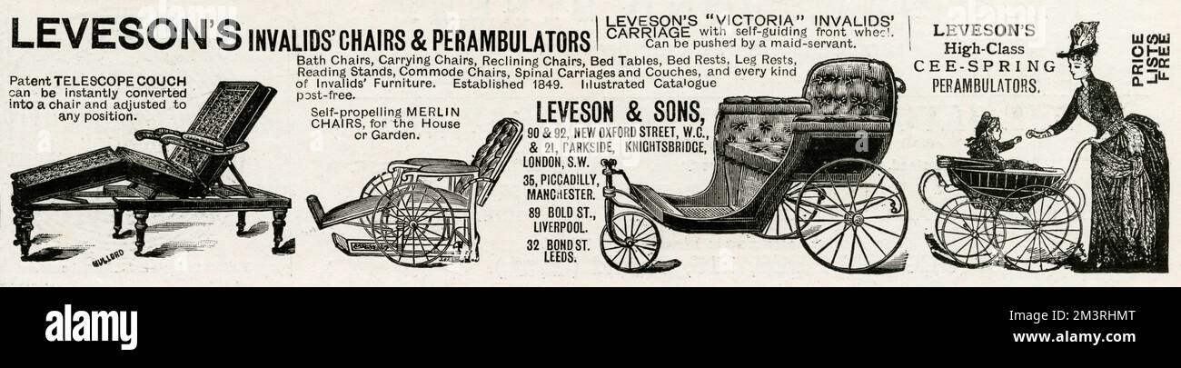 Leveson's 'Victorian', invalid carriages, self-propelling chair for the house or garden,  invalid chair self-guilding front wheel, can be pushed by a maid or servant, a telescope couch can be converted into a chair adjusted to any position and a high-class 'cee-spring' pram.  1889 Stock Photo