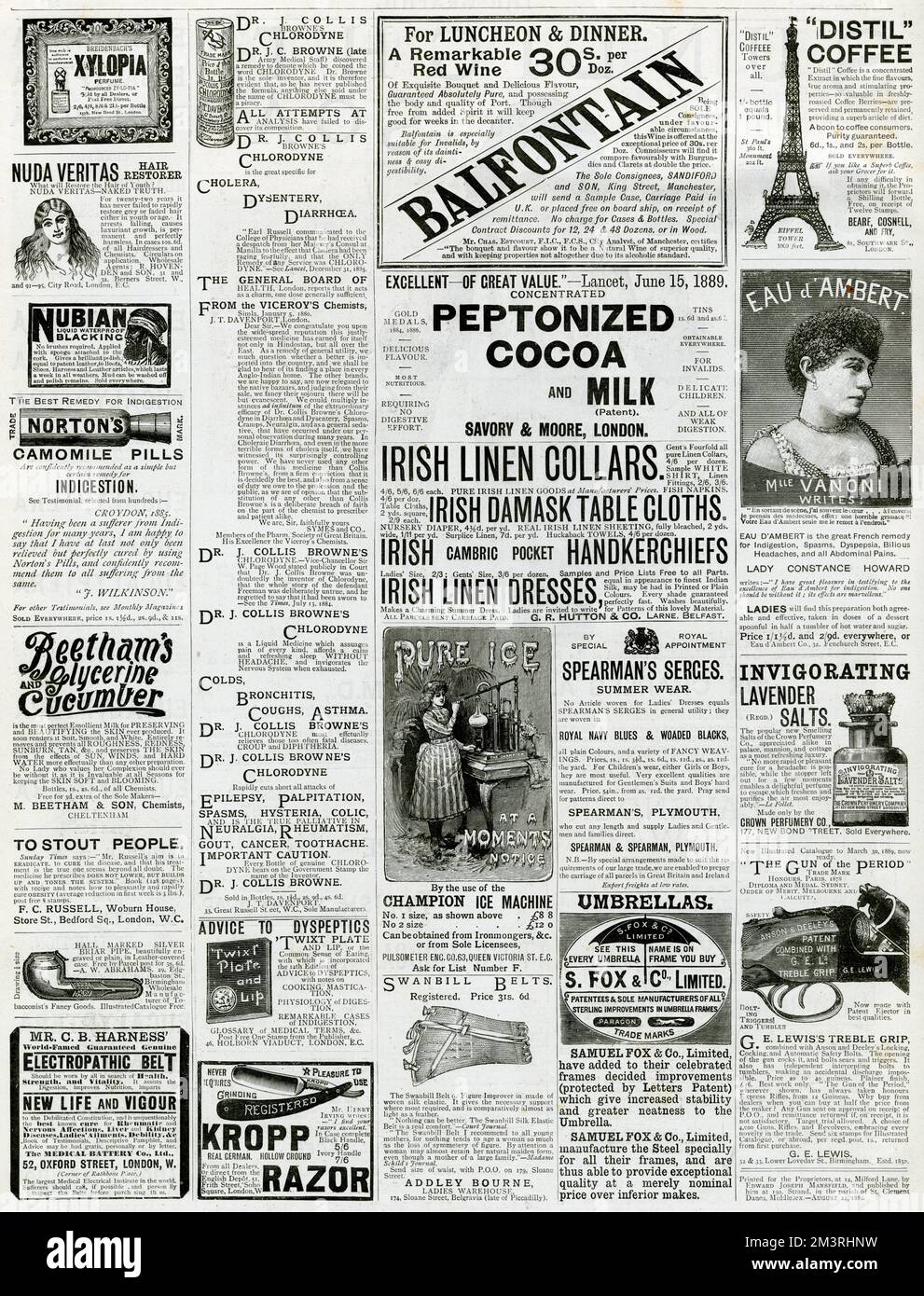 A variety of advertisements in 'The Graphic' dated August 1889, showing 'Nuda Veritas' hair restorer, 'Nubian', black polish for boots and shoes, 'Norton's Camomile Pills', for indigestion, 'Beetham's Glycerin and Cucumber', emollient milk for preserving and beautifying the skin, to cure obesity, 'Mr. C B Harness electropathic belt', for health, strength and vitality, 'Dr. J Collis Brownes' Chlorodyne', medicine for cholera, dysentery and diarrhea, advice for dyspeptics, 'Kropp Razor', 'Peptonized Cocoa and Milk', 'Pure Irish linen goods', 'Champion Ice Machine', 'Swa Stock Photo