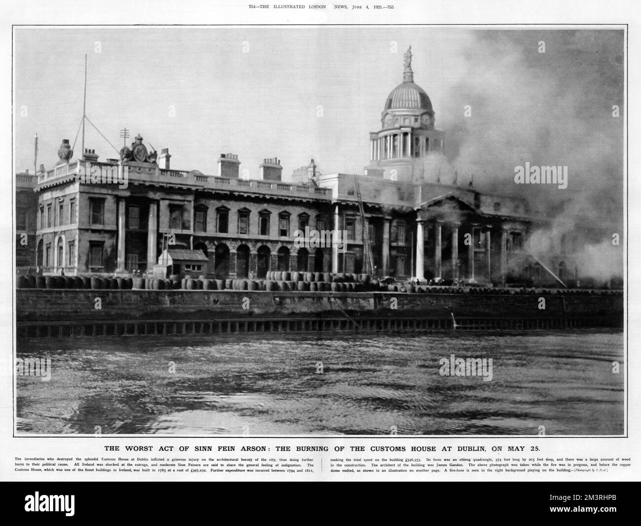 The worst act of Sinn Fein arson: The Burning of the Customs House at Dublin on 24 May 1921.  The Burning of the Custom House in Dublin took place on 25 May 1921, during the Irish War of Independence. The Custom House was the centre of Local Government in the British administration in Ireland. It was occupied and then burnt in an operation by the Irish Republican Army (IRA), involving over 100 volunteers. The action was a propaganda coup for the forces of the Irish Republic but was a military disaster for the IRA in the Irish capital. Five of its volunteers were killed (along with three civili Stock Photo