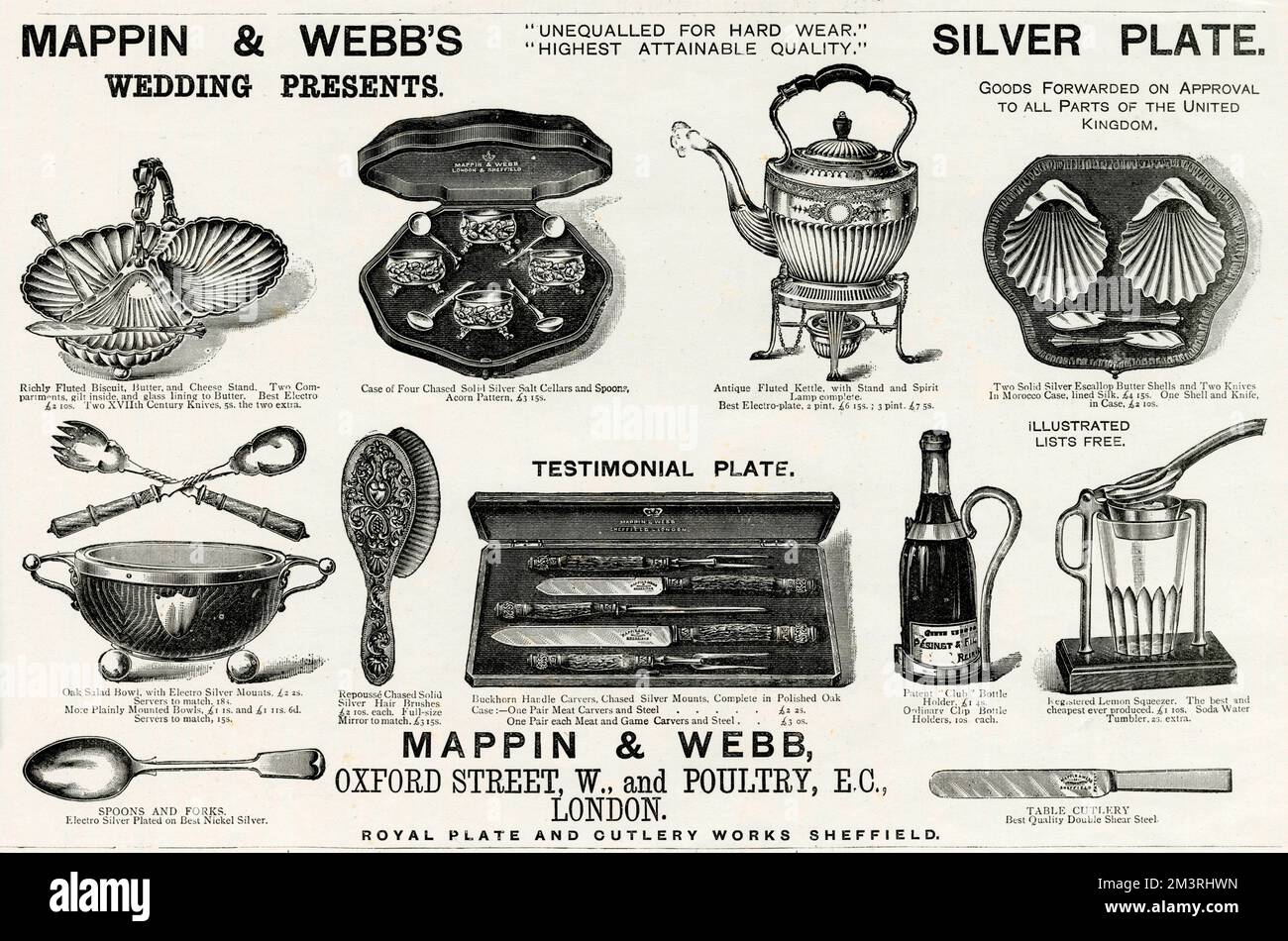 Selection of silver plate wedding gifts; fluted biscuit, butter and cheese stand, oak salad bowl, with electro silver mounts with servers to match, solid silver salt cellars and spoons, buckhorn handle carvers cased silver mounts complete in polish oak, fluted kettle with stand, club bottle holder, two solid silver escallop butter shells and two knives and a lemon squeezer with soda water tumbler.     Date: 1889 Stock Photo