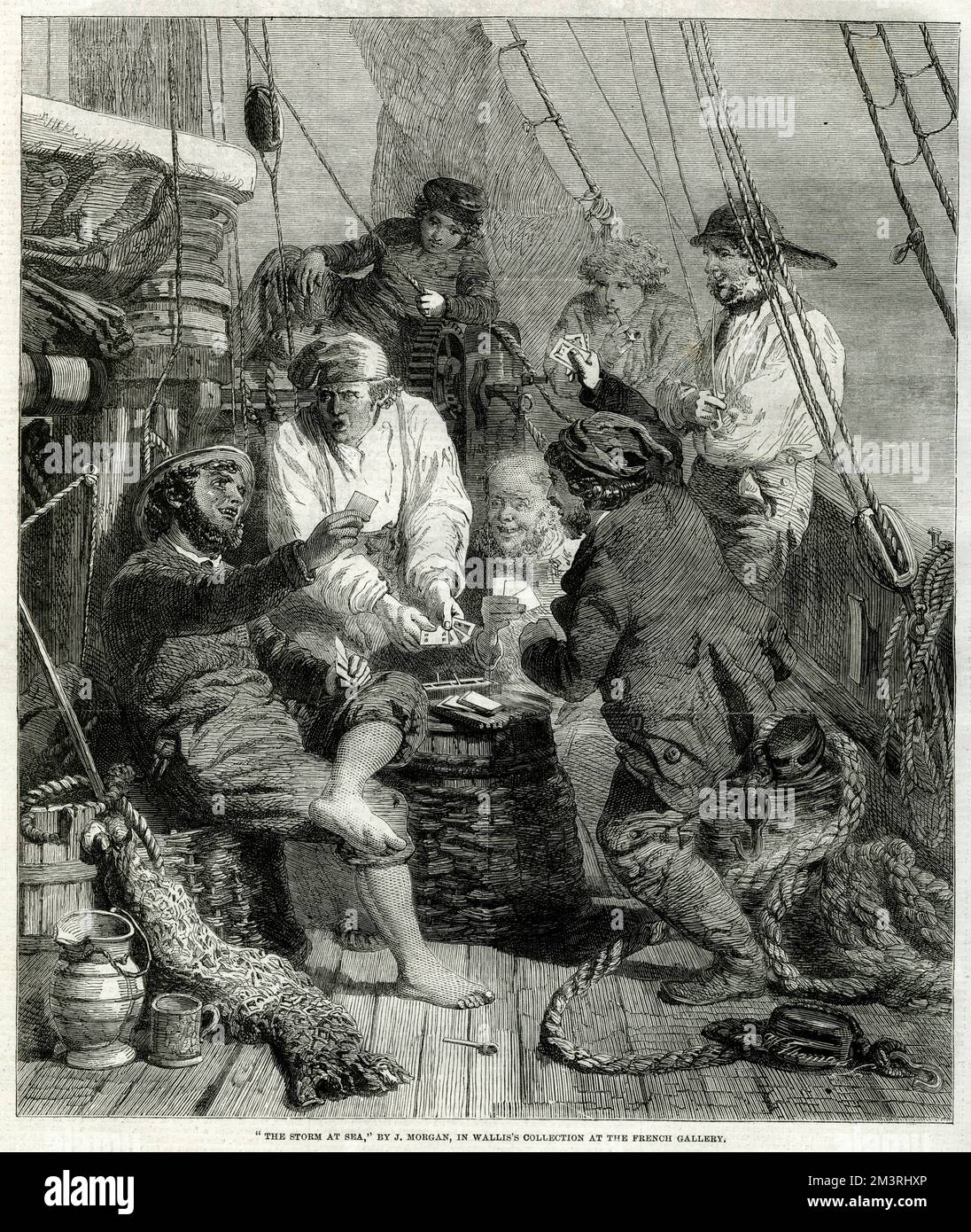 Some rough-looking sailors playing cards on their trading vessel. The losers vociferate violently, while the winners break out into a broad grin. The skipper, who stands on one side, is mightily amused, while to boys apparently not understanding much of the game, look on with a vacant stare of curiosity.     Date: 1861 Stock Photo