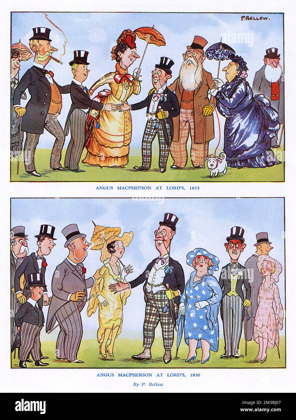 Angus Macpherson at Lord's, 1875 and 1930.  Social satire by cartoonist Patrick Bellew who shows how a young chap's flamboyant outfit of tartan trousers at Lord's cricket ground in the 1870s is not quite so appropriate in 1930 when he is considerably older and more rotund.  1930 Stock Photo