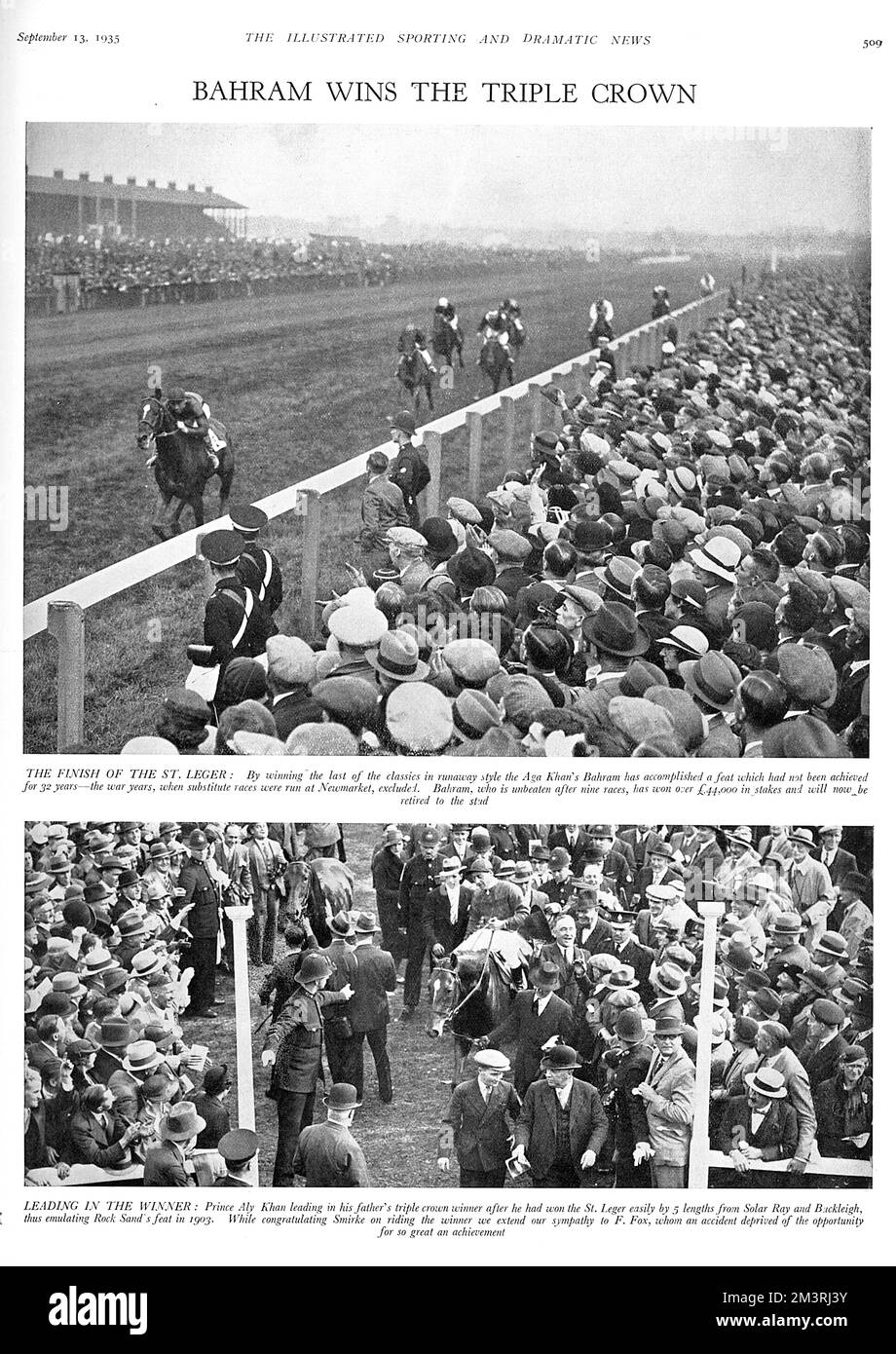Racehorse Bahram pictured at the finish of the St. Leger, with prince Aly Khan pictured below leading his father's horse after its win.     Date: 1935 Stock Photo