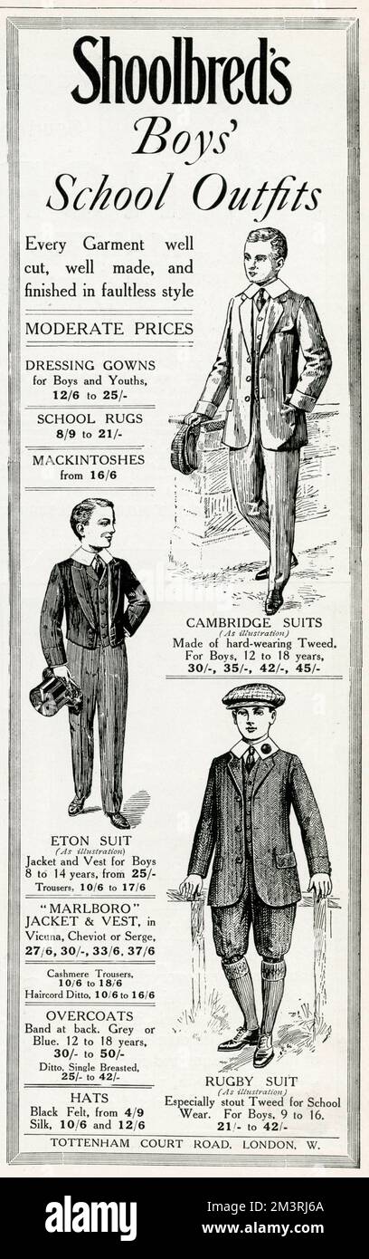 Advertisements for Shoolbred's smart boys' school clothing for Cambridge, Eton.     Date: 1915 Stock Photo