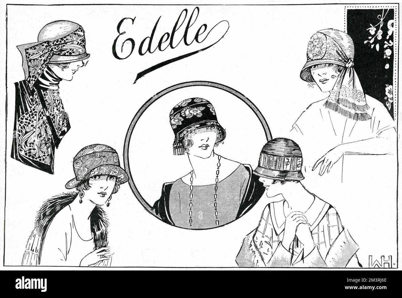 Five stylish women wearing the following outfits from Edelle, 30, New Bond Street: hat and scarf to match of crepe de chine embroidered in cardinal red (left top), embroidered crepe de chine hat (left bottom), taffeta appliqued with flowers and leaves and beads (center), hat of fine straw embroidered with Mah Jongg symbols on a wide ribbon encircling the crown (right bottom) and hat with white chine beads - a medallion in front with chintz flowers decoration (right top)     Date: 1924 Stock Photo