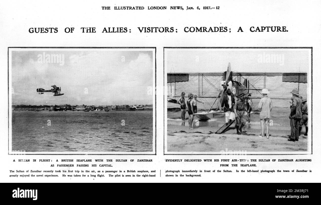 Guests of the Allies, 1917. The Sultan of Zanzibar travels as a passenger in a British seaplane, his first trip in the air. The left photo shows the plane passing the town of Zanzibar; the right photo shows the Sultan alighting from the seaplane.     Date: 1917 Stock Photo