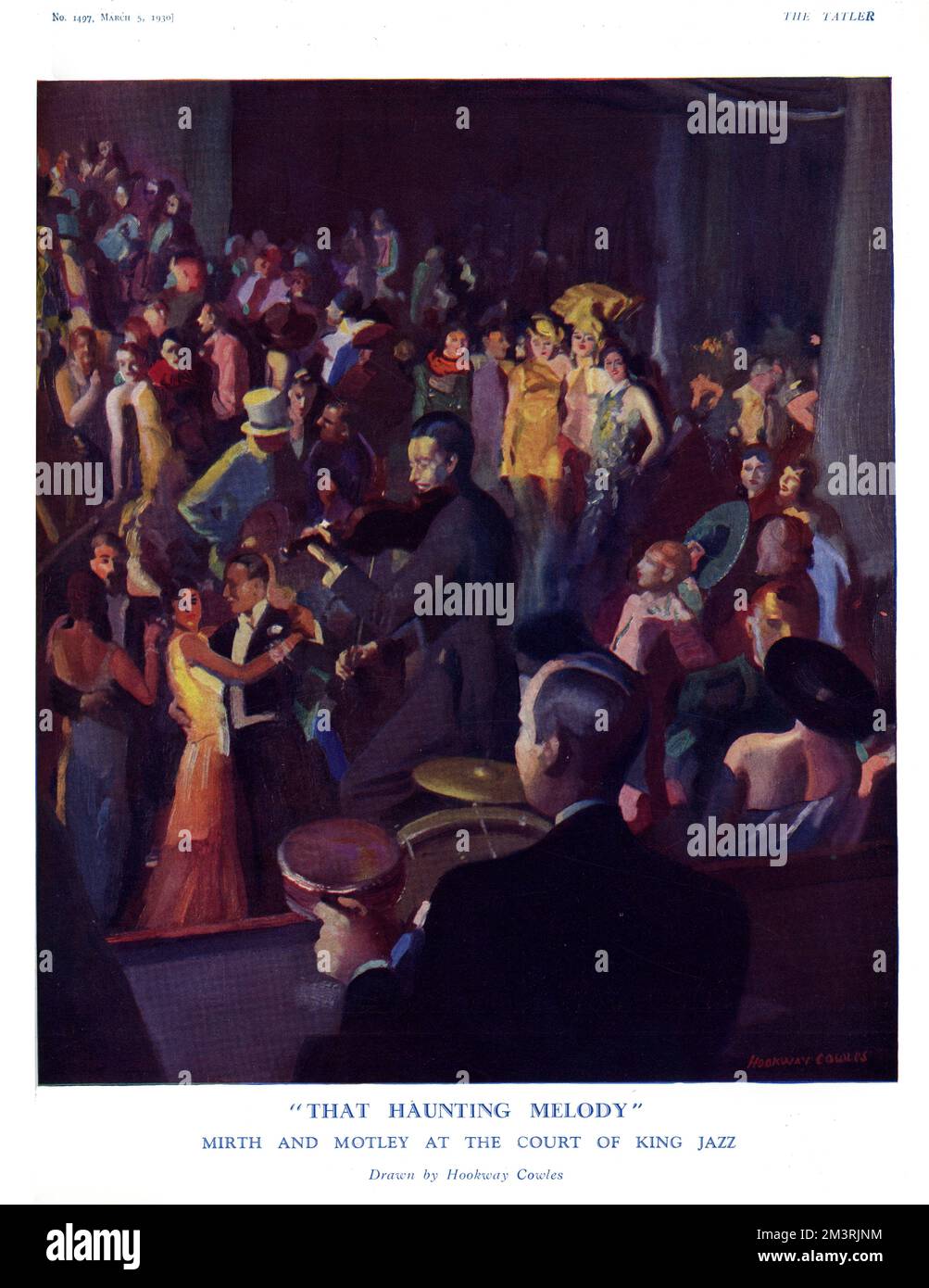 Mirth and motley at the court of King Jazz.  A jazz orchestra plays for people on the dance floor of a nightclub or restaurant.    1930 Stock Photo
