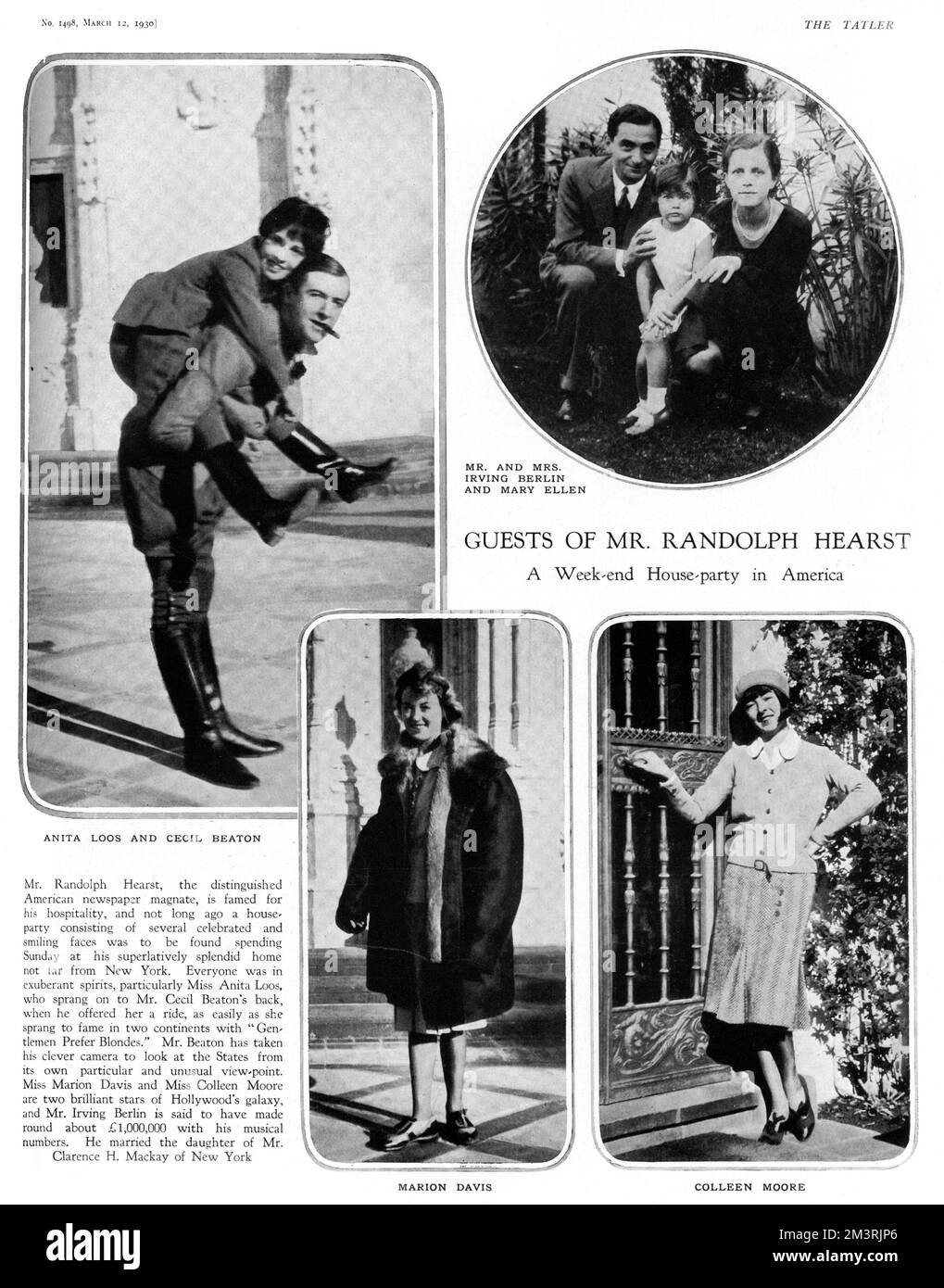 Page from The Tatler reporting on a weekend house party held at the home of American newspaper magnate, William Randolph Hearst.  Top left shows Cecil Beaton giving Anita Loos a piggy back.  Top right is Irving Berlin and his wife with their daughter, Mary Ellen.  Bottom right is Colleen Moore (actress) and finally, a photograph of Marion Davies, the actress who was Randolph Hearst's lover.  1930 Stock Photo