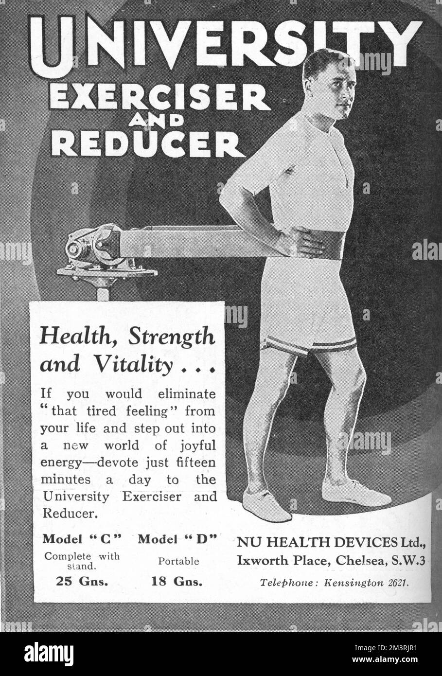 Advertisement for the University Exerciser and Reducer to 'eliminate that tired feeling from your life and step out into a new world of joyful energy.'  Available from Nu Health Devices Ltd of Ixworth Place, Chelsea.  1930 Stock Photo