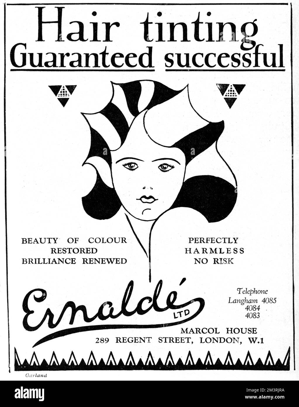 Advertisement for Ernalde hair tinting - guaranteed successful, though from the accompanying Cruella de Vil example, I'm not entirely sure I agree.  1930 Stock Photo