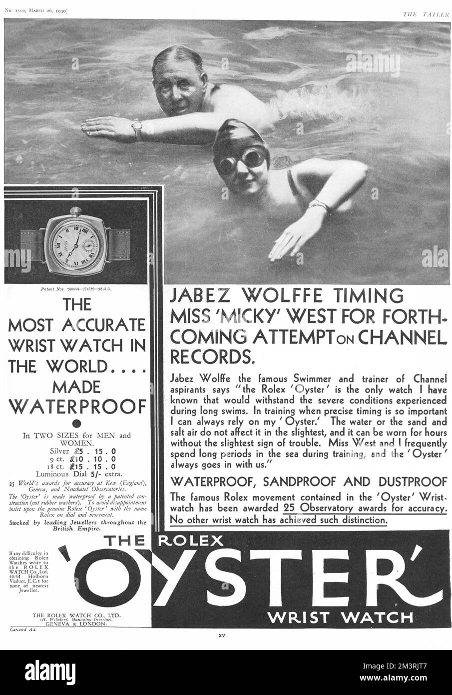 Advertisement for the Rolex Oyster Wrist Watch, 'the most accurate wrist watch in the world made waterproof.'  To prove it, Jabez Wolffe, the famous swimmer and trainer of Channel swimmers is pictured with one of his pupils Miss West, endorsing the watch's ability to withstand severe conditions.   1930 Stock Photo